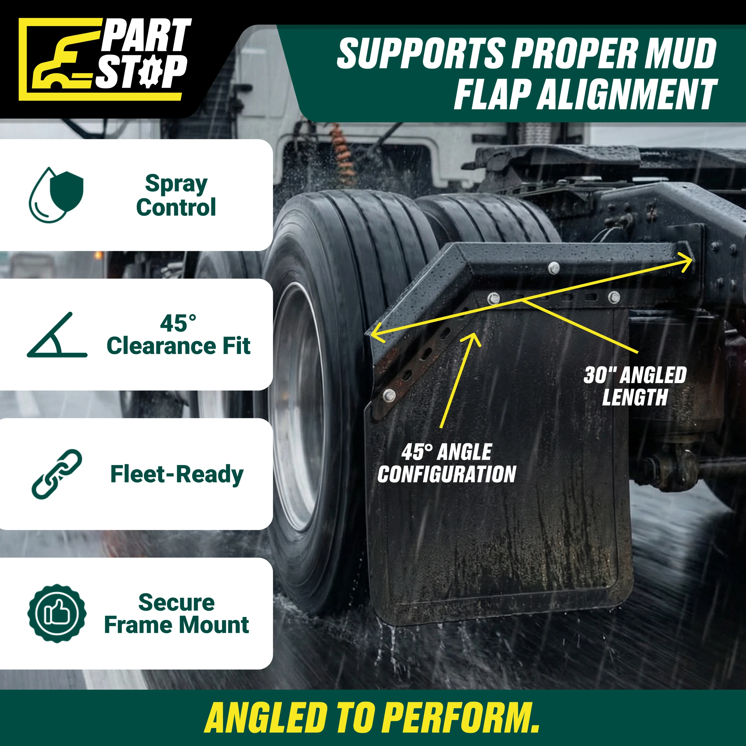 30" 45 Degree Angled Mud Flap Hanger Pair Black Steel 2-1/2" Bolt Spacing — infographic