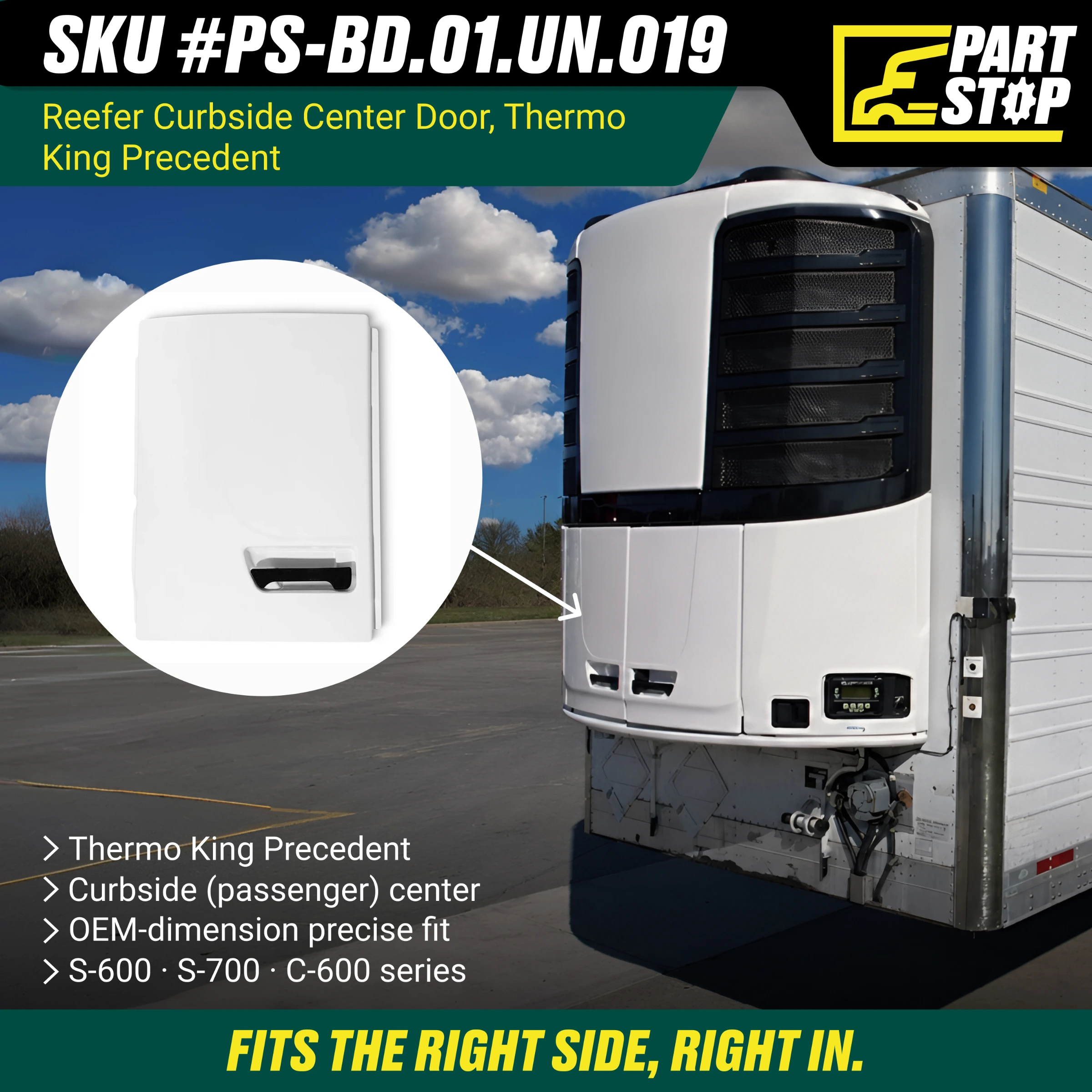 DR-012A Reefer Curbside Center Door - Fits Thermo King Precedent S-600, S-700, C-600 Series - Replaces 98-9641, 98-9121 — infographic