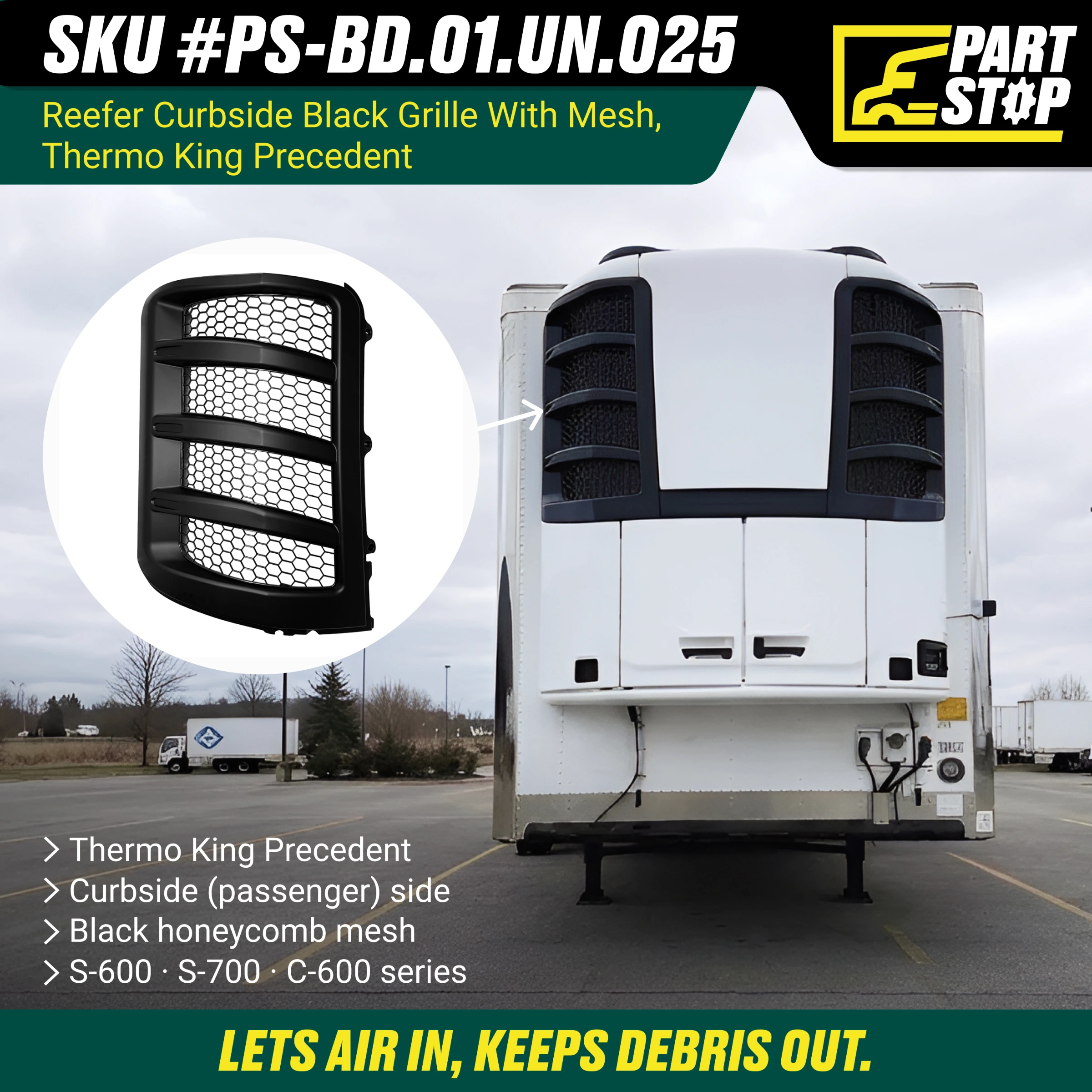 DR-017A Reefer Curbside Black Grille with Mesh - Fits Thermo King Precedent S-600, S-700, C-600 Series - Replaces 98-9118 — infographic