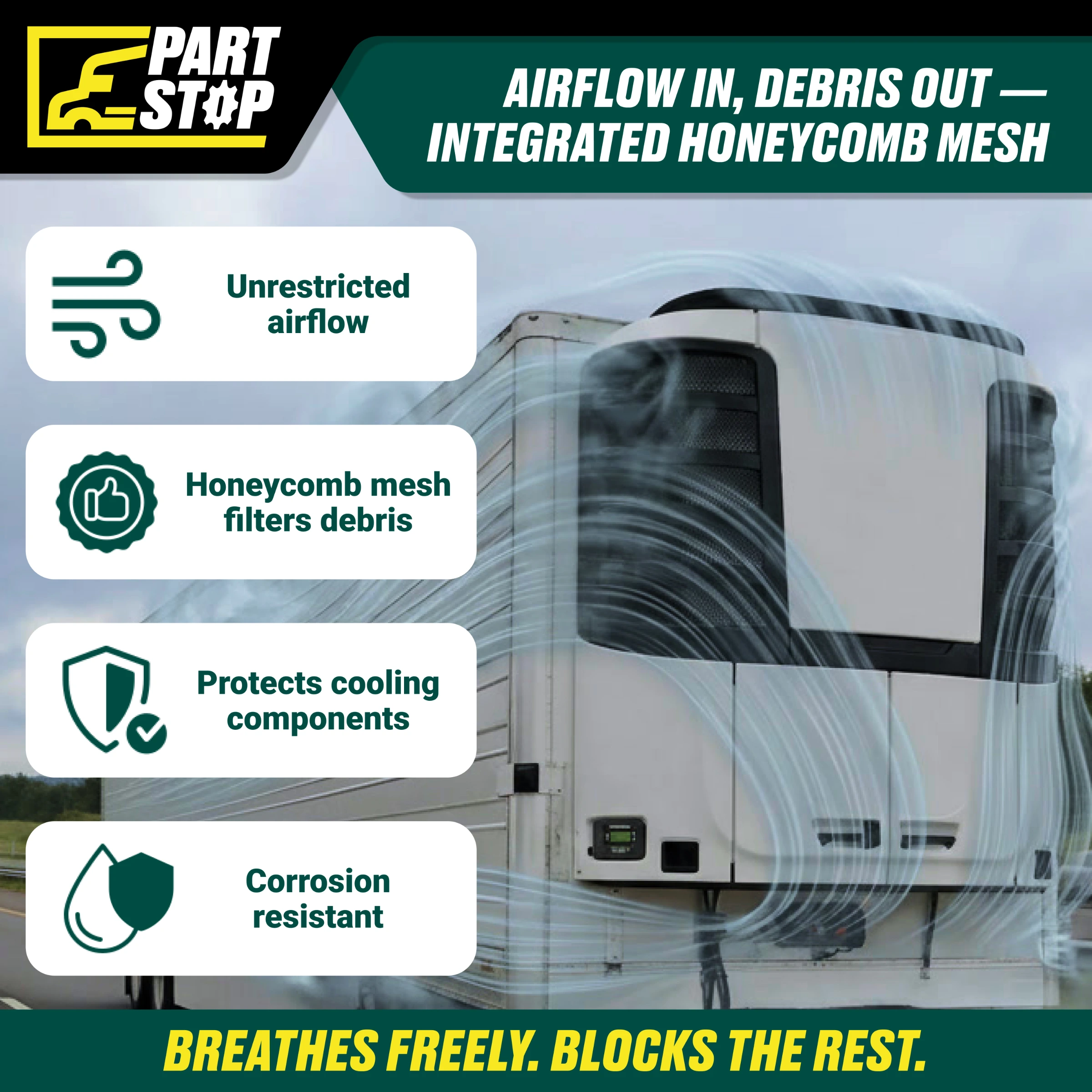 DR-017A Reefer Curbside Black Grille with Mesh - Fits Thermo King Precedent S-600, S-700, C-600 Series - Replaces 98-9118 — infographic