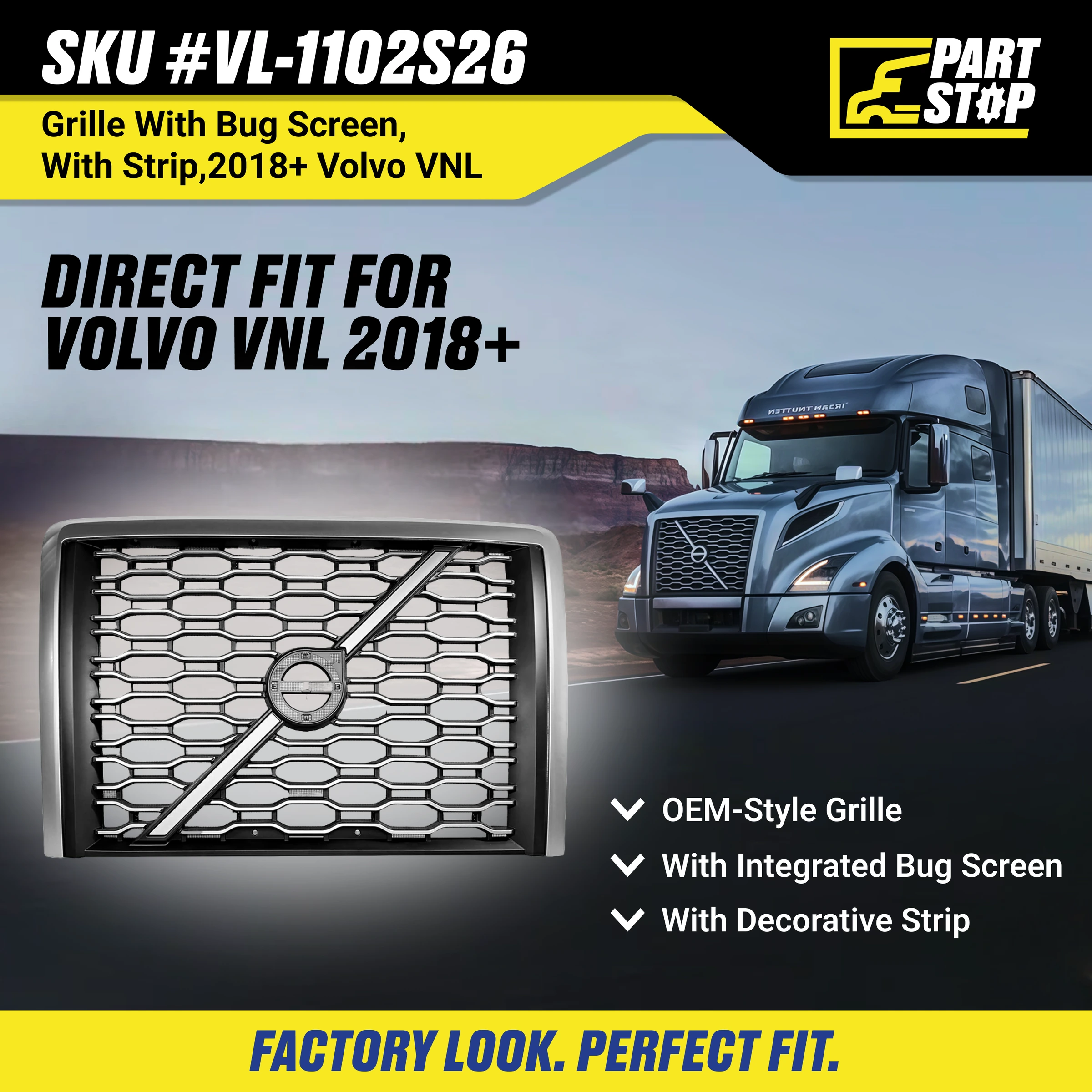 Front Grille Bug Screen Fits Volvo VNL 2018-2024 84724159 — infographic