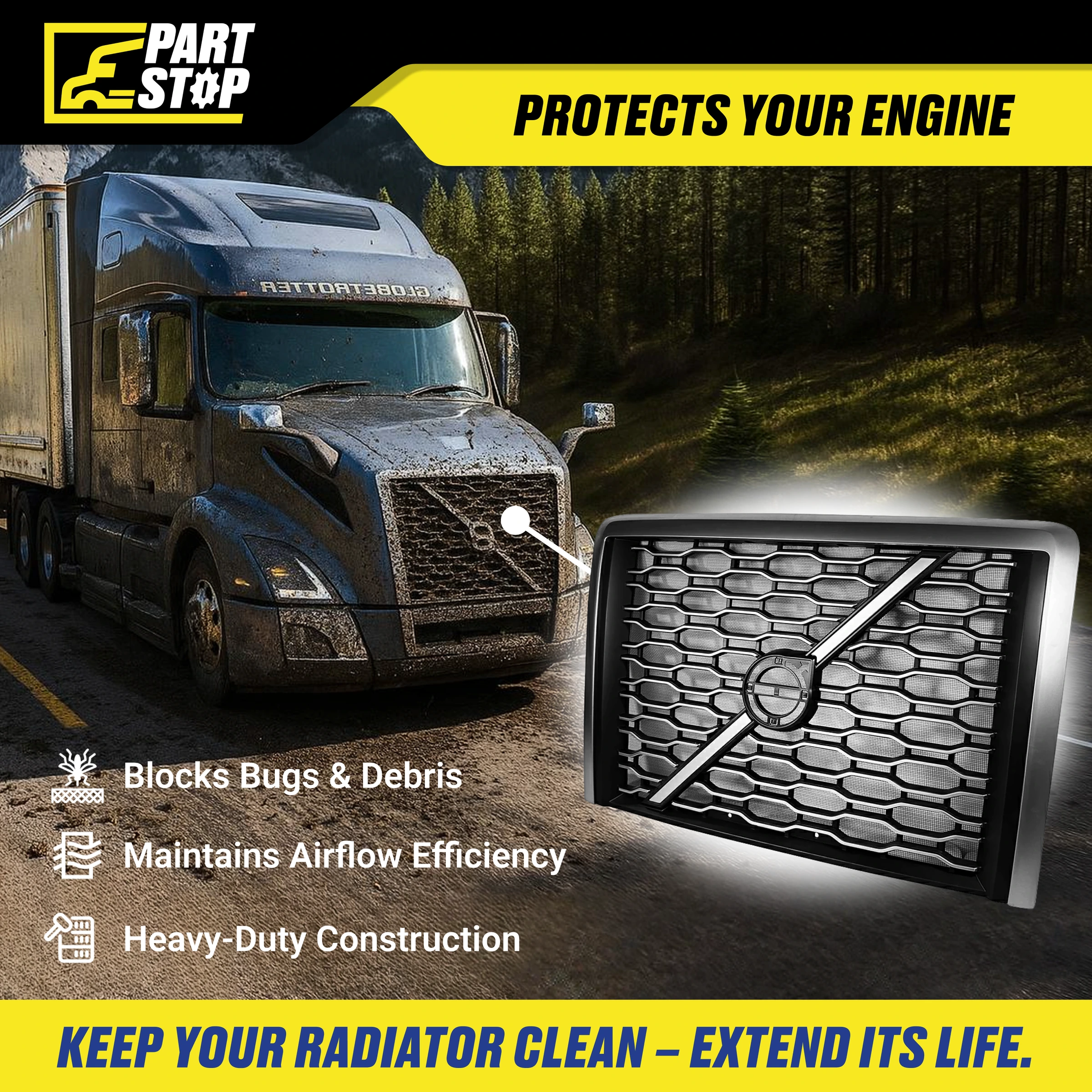 Front Grille Bug Screen Fits Volvo VNL 2018-2024 84724159 — infographic