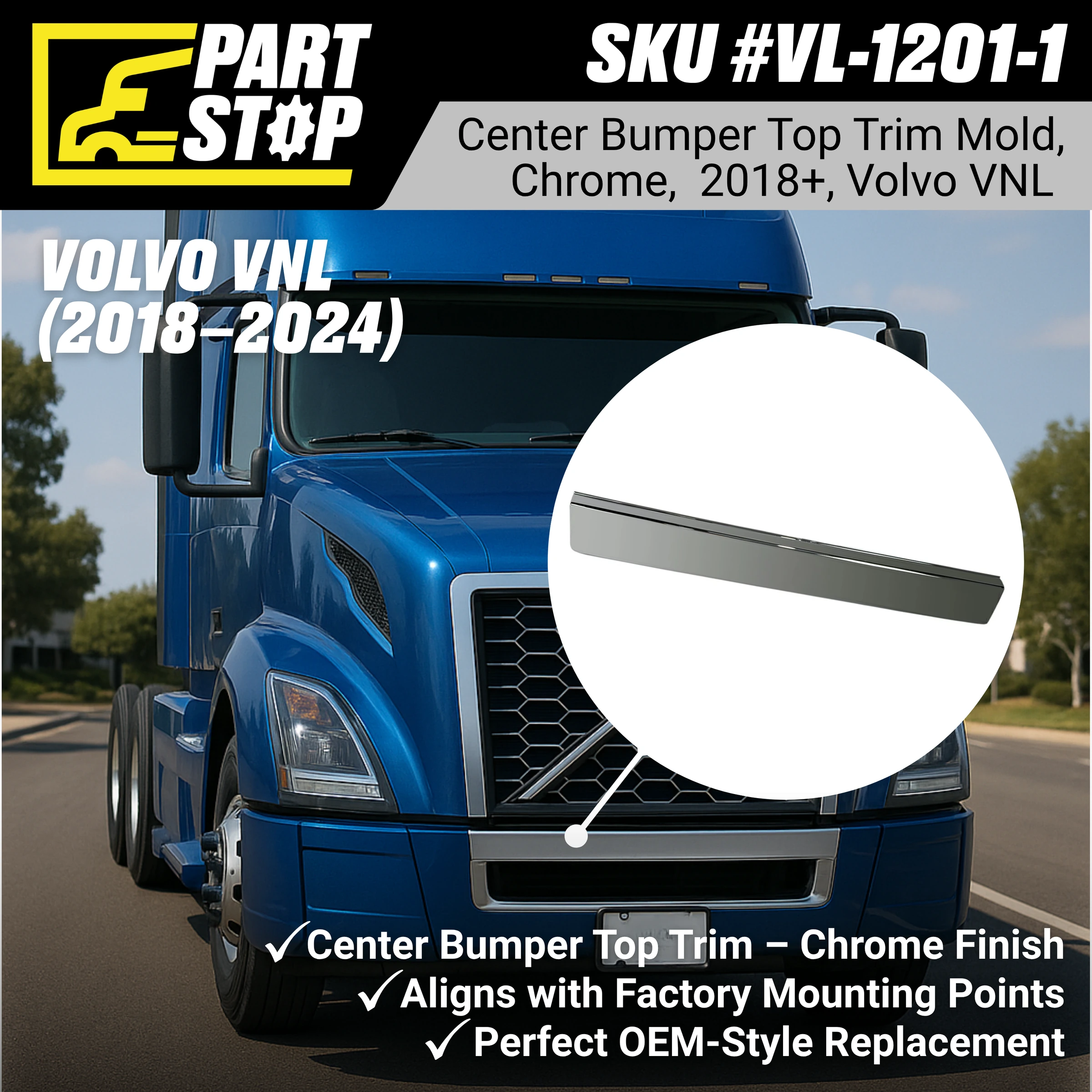 82750038 Chrome Bumper Trim Molding Fits Volvo VNL 2018-2023 Aftermarket — infographic