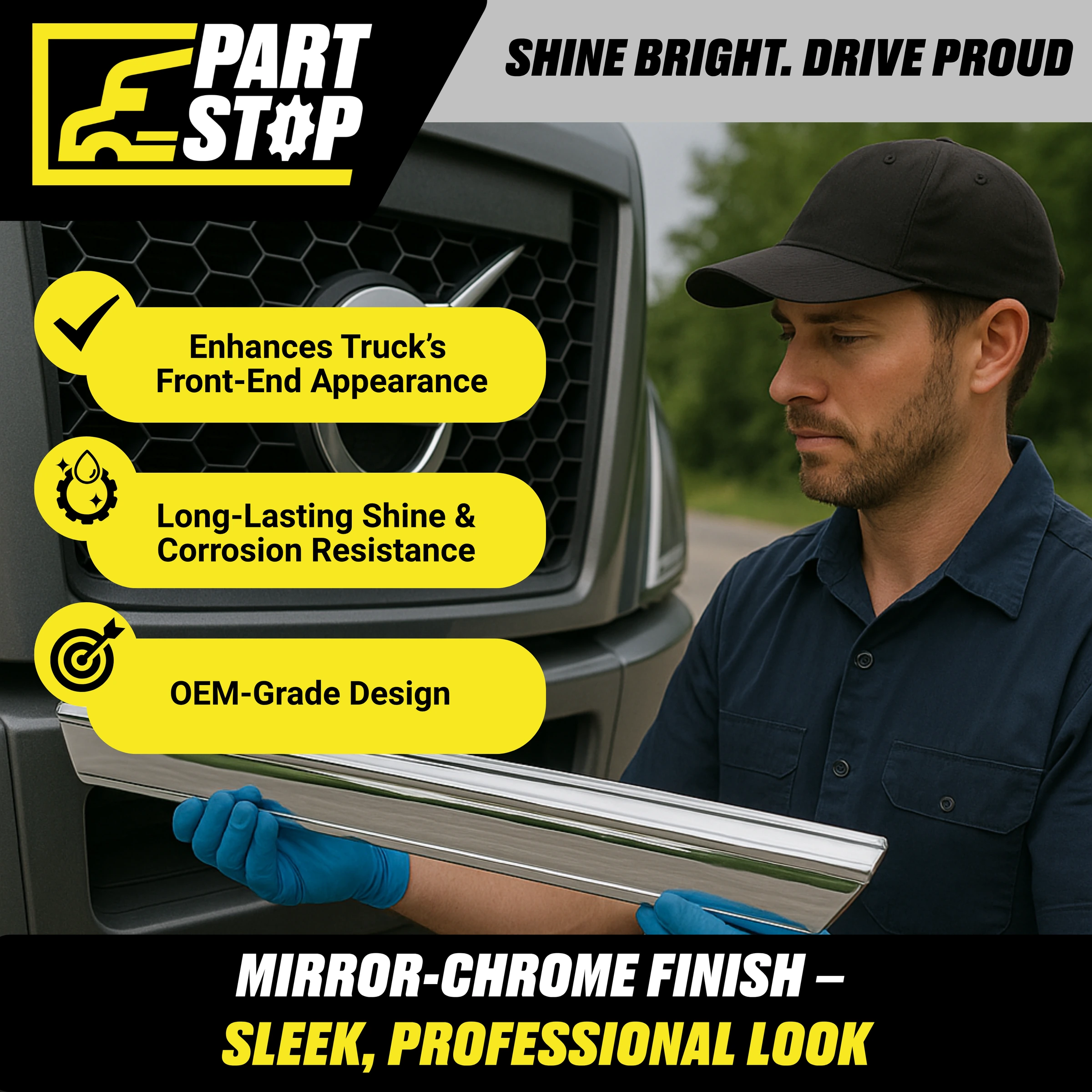 82750038 Chrome Bumper Trim Molding Fits Volvo VNL 2018-2023 Aftermarket — infographic