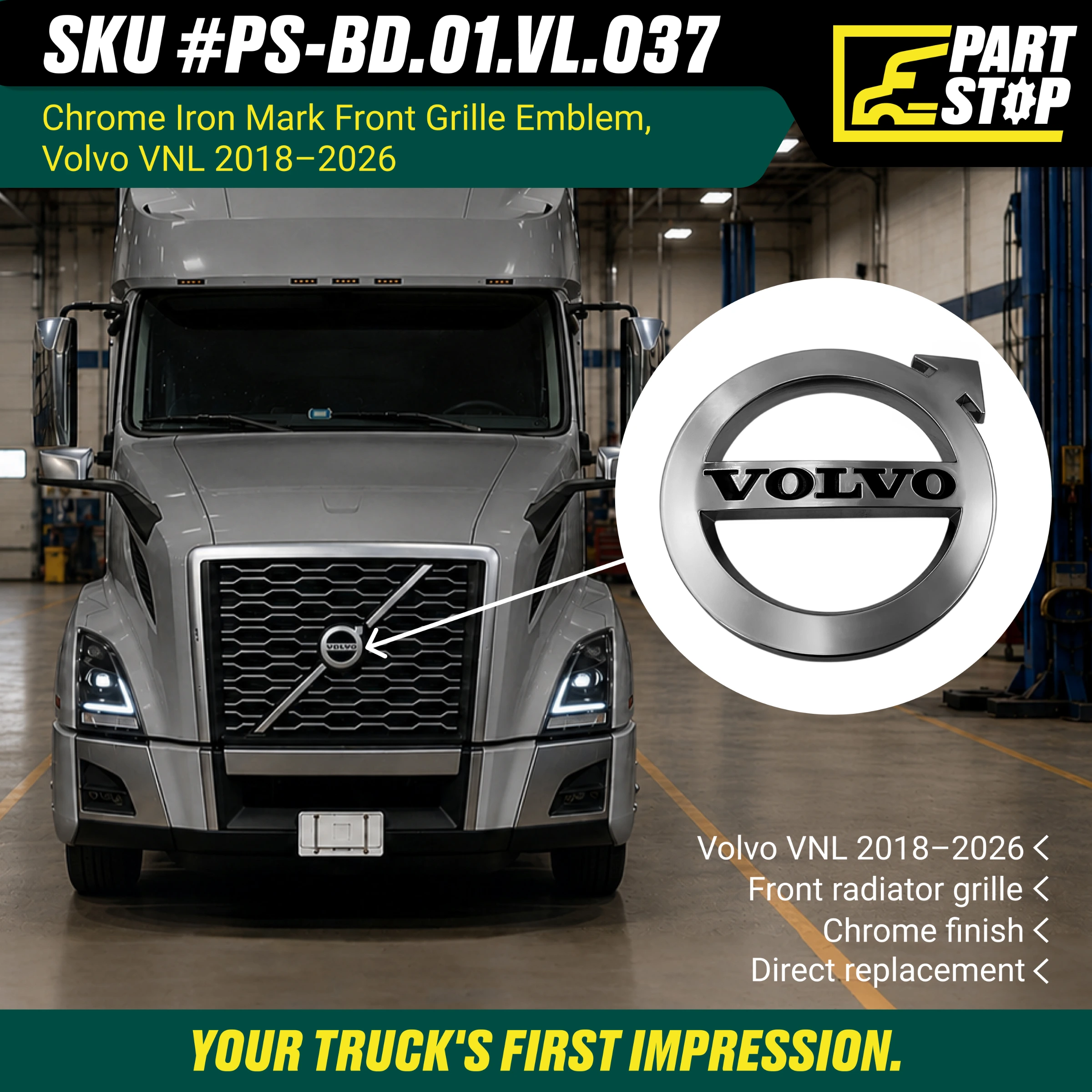 F00767 Volvo VNL Emblem 2018+ Chrome Iron Mark Front Grill Logo Badge — infographic