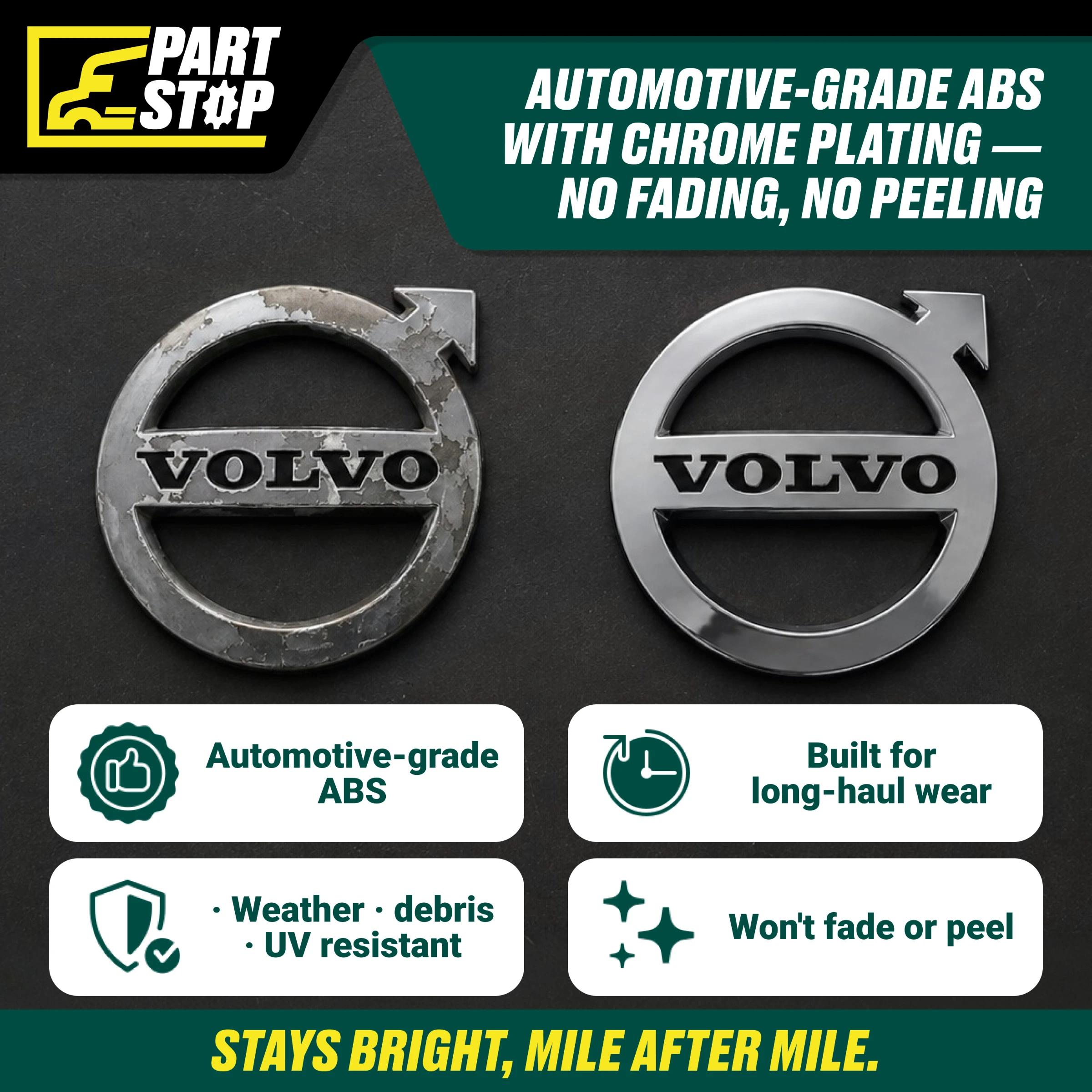 F00767 Volvo VNL Emblem 2018+ Chrome Iron Mark Front Grill Logo Badge — infographic