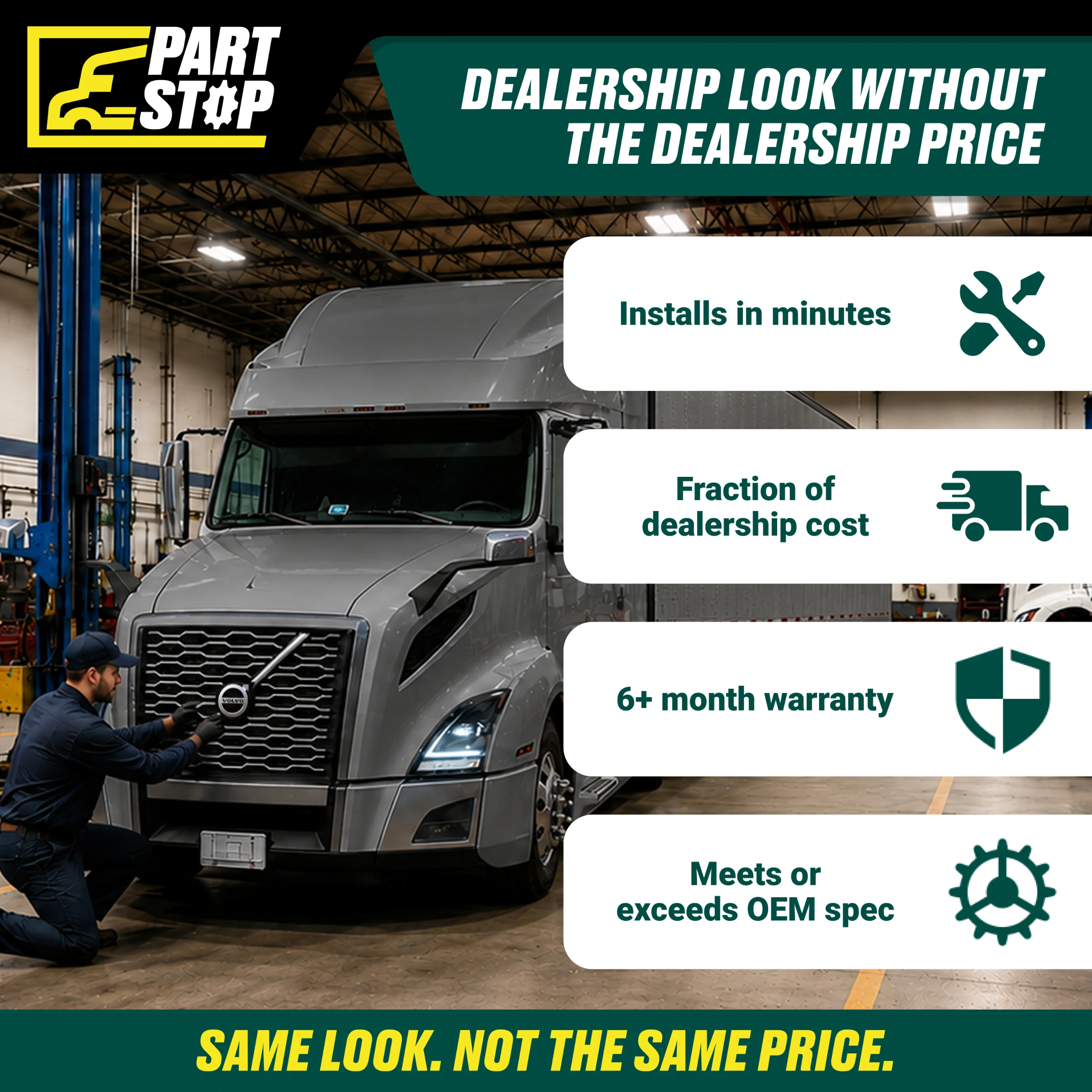 F00767 Volvo VNL Emblem 2018+ Chrome Iron Mark Front Grill Logo Badge — infographic
