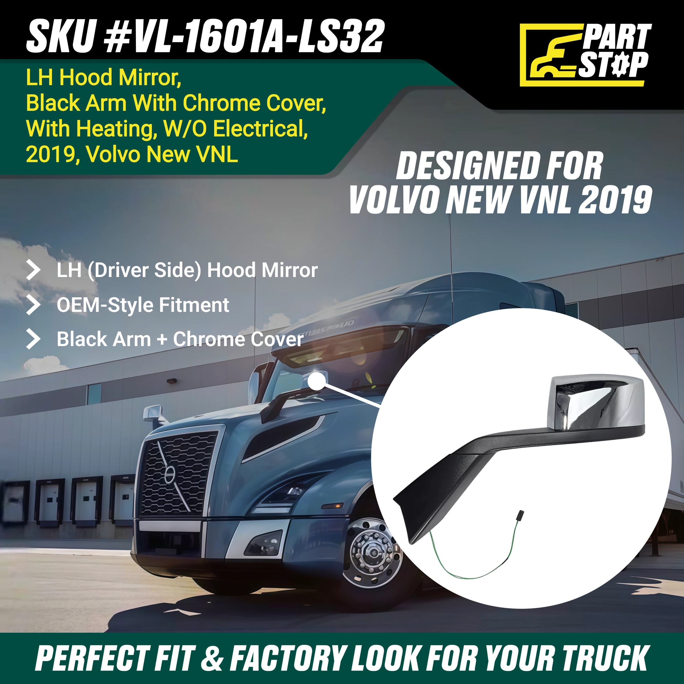 82361058 Left Hood Mirror Fits Volvo VNL 2019-2024 Heated Aftermarket 84723681 — infographic