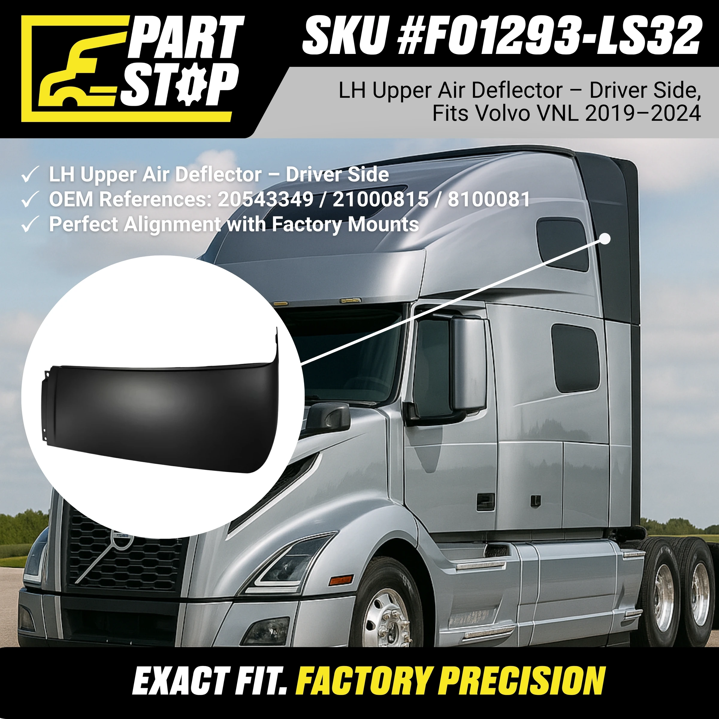 Upper Air Deflector LH Fits Volvo VNL 2019-2024 Truck 20543349 / 82749505 — infographic