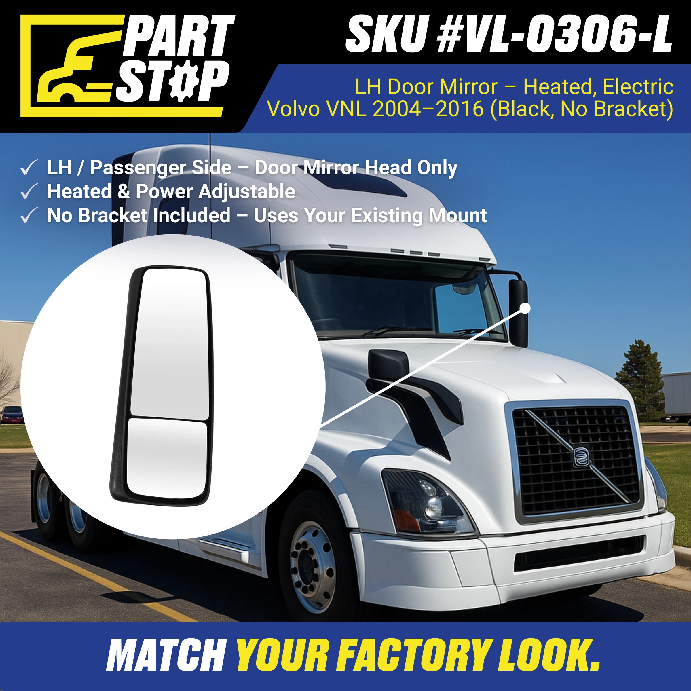 LH Driver Side Door Mirror Heated Electric Fits Volvo VNL 2018-2024 82239803 — infographic
