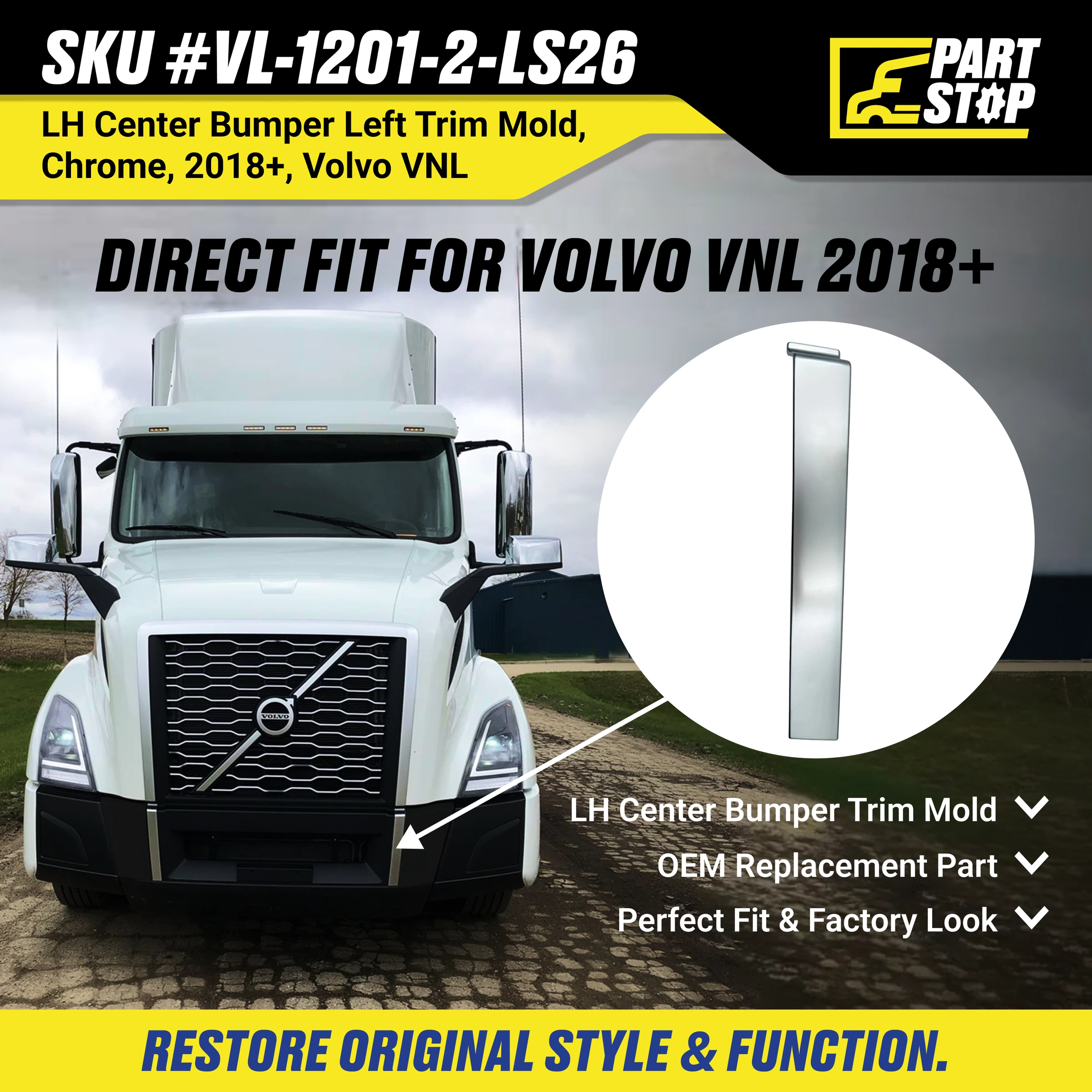 82758380 LH Center Bumper Trim Molding Fits Volvo VNL 2018-2024 , 82758382 — infographic