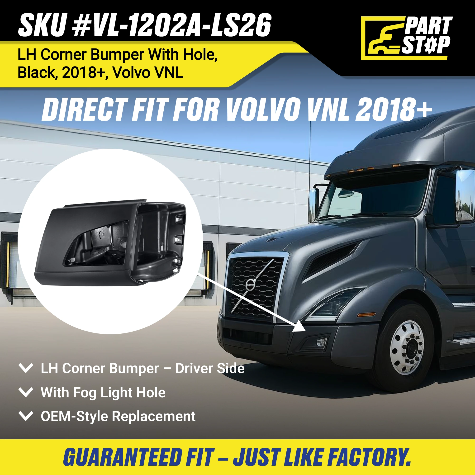 82750068 LH Corner Bumper Fog Light Fits Volvo VNL 2018-2024 — infographic