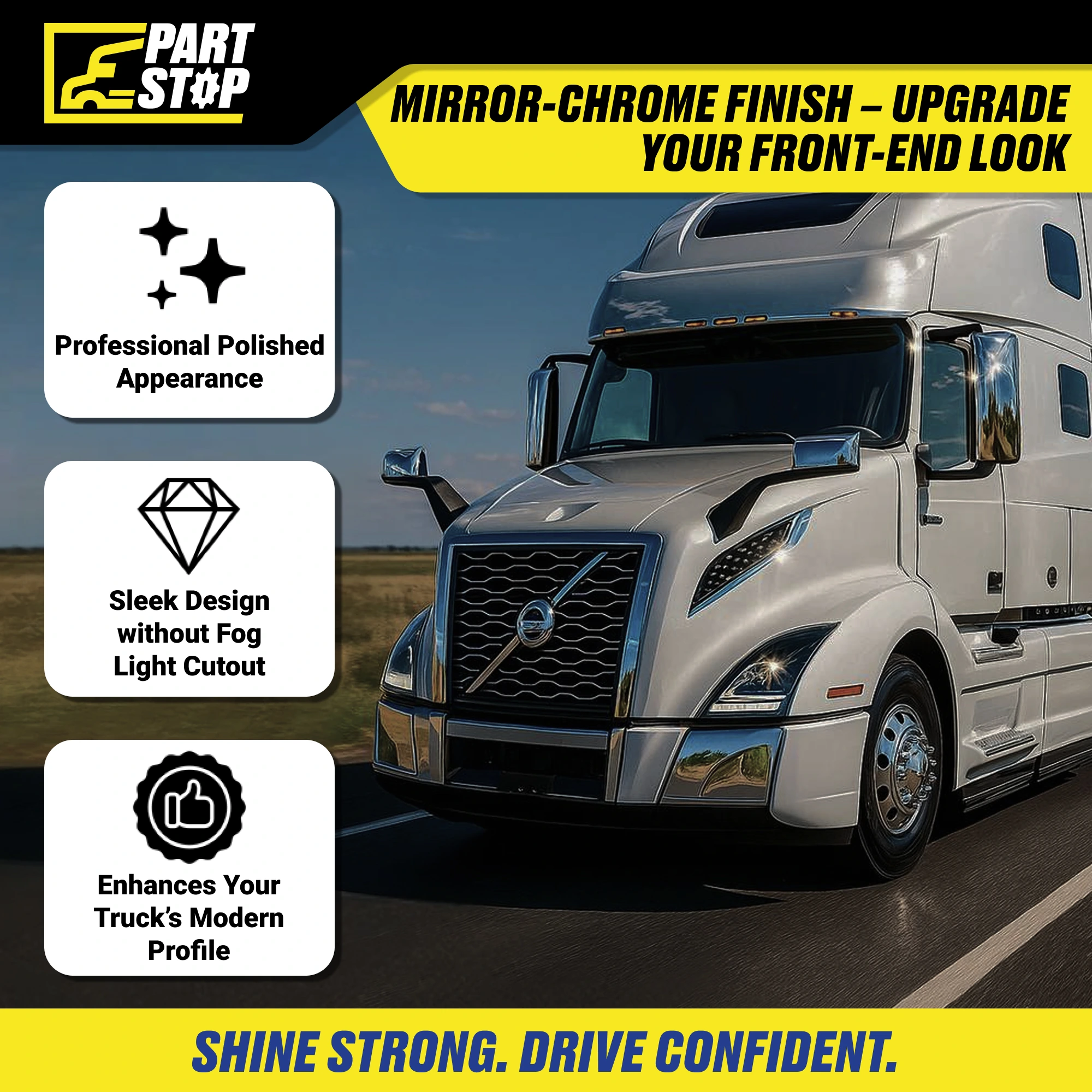 LH Corner Bumper Trim Chrome Fits Volvo VNL 2018-2024 Aftermarket 82750058 — infographic