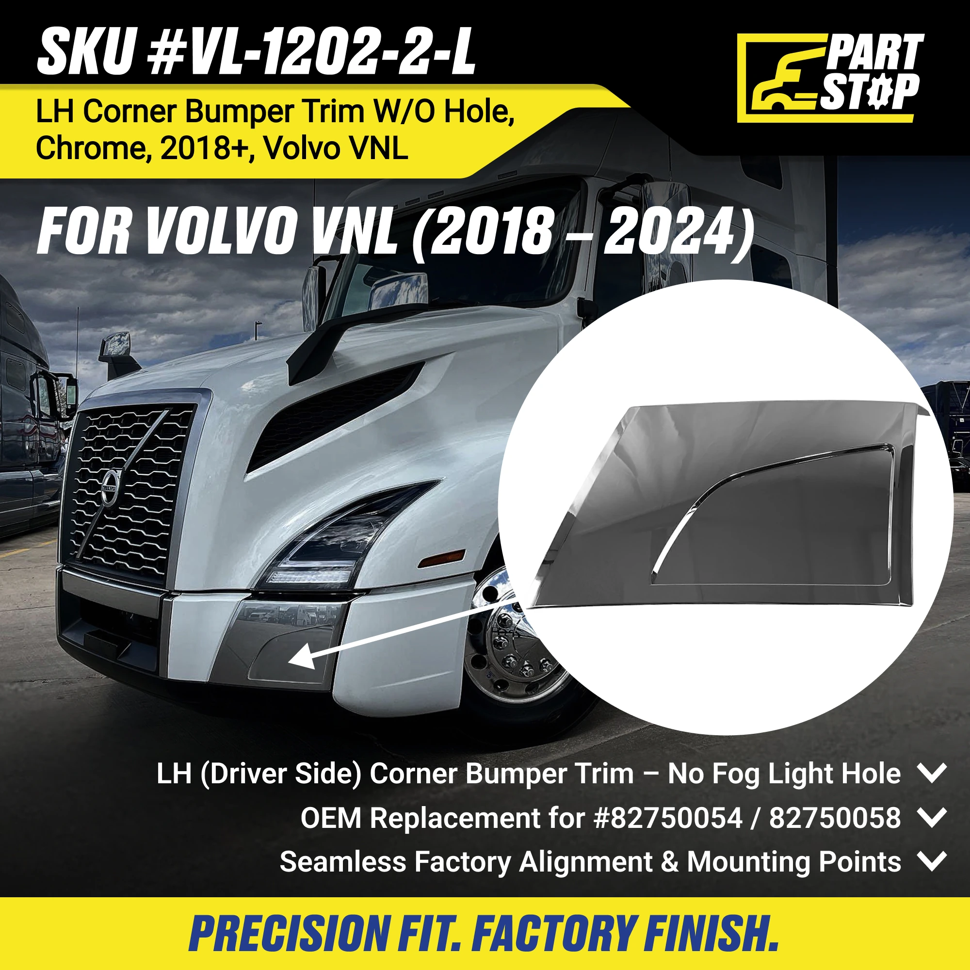 LH Corner Bumper Trim Chrome Fits Volvo VNL 2018-2024 Aftermarket 82750058 — infographic