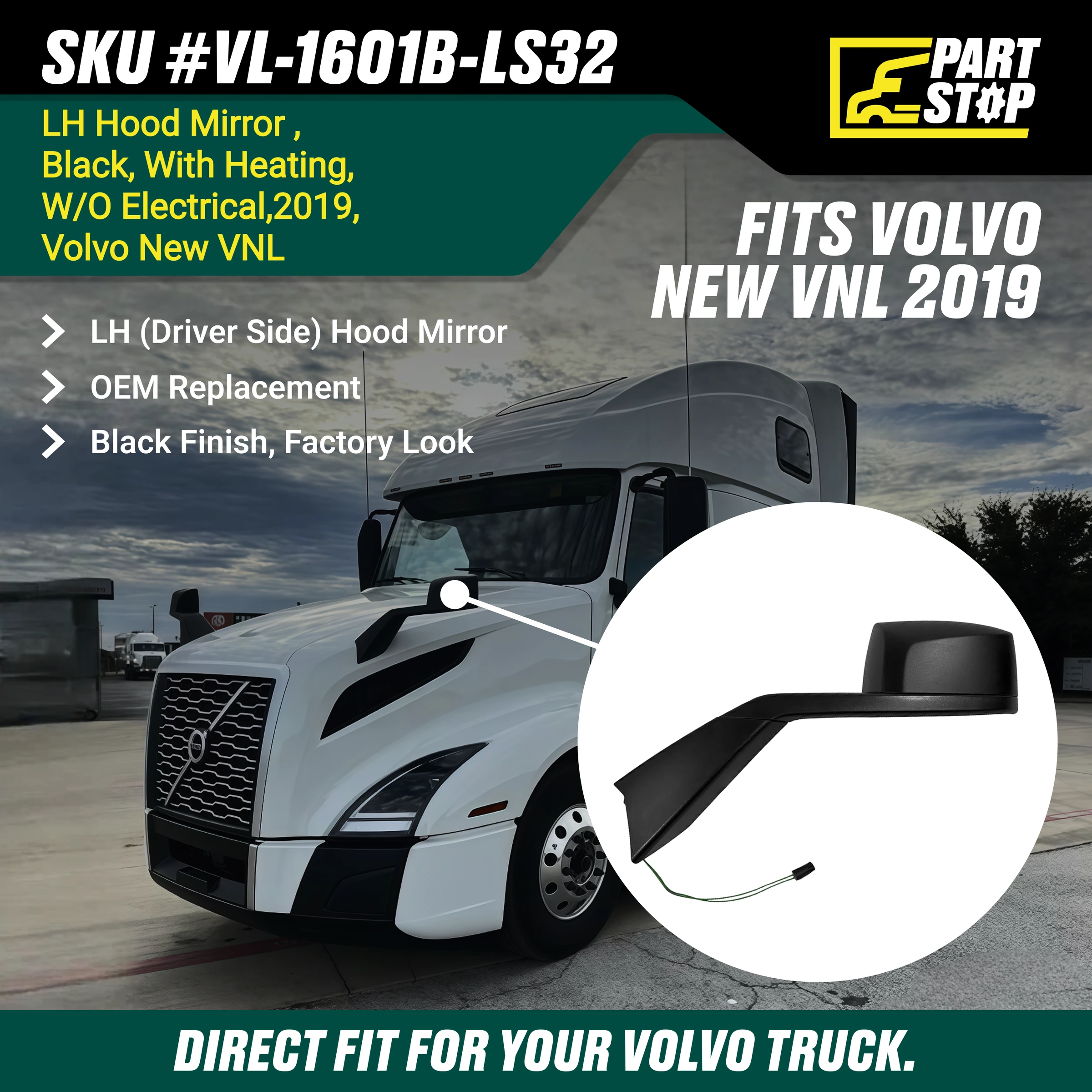 Left Hood Mirror Heated Fits Volvo VNL 2019-2024 82361058 — infographic
