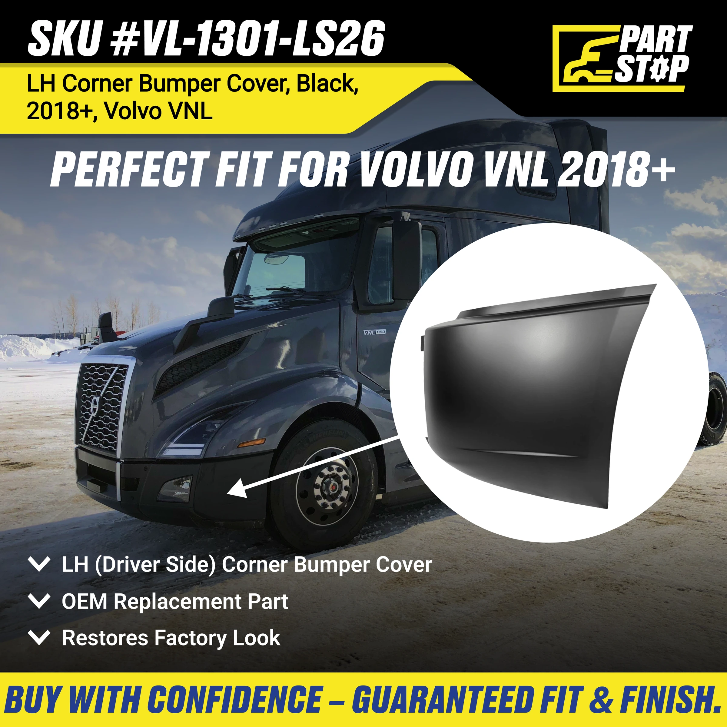 82750588 LH Corner Bumper Cover Fits Volvo VNL 2018-2024 — infographic