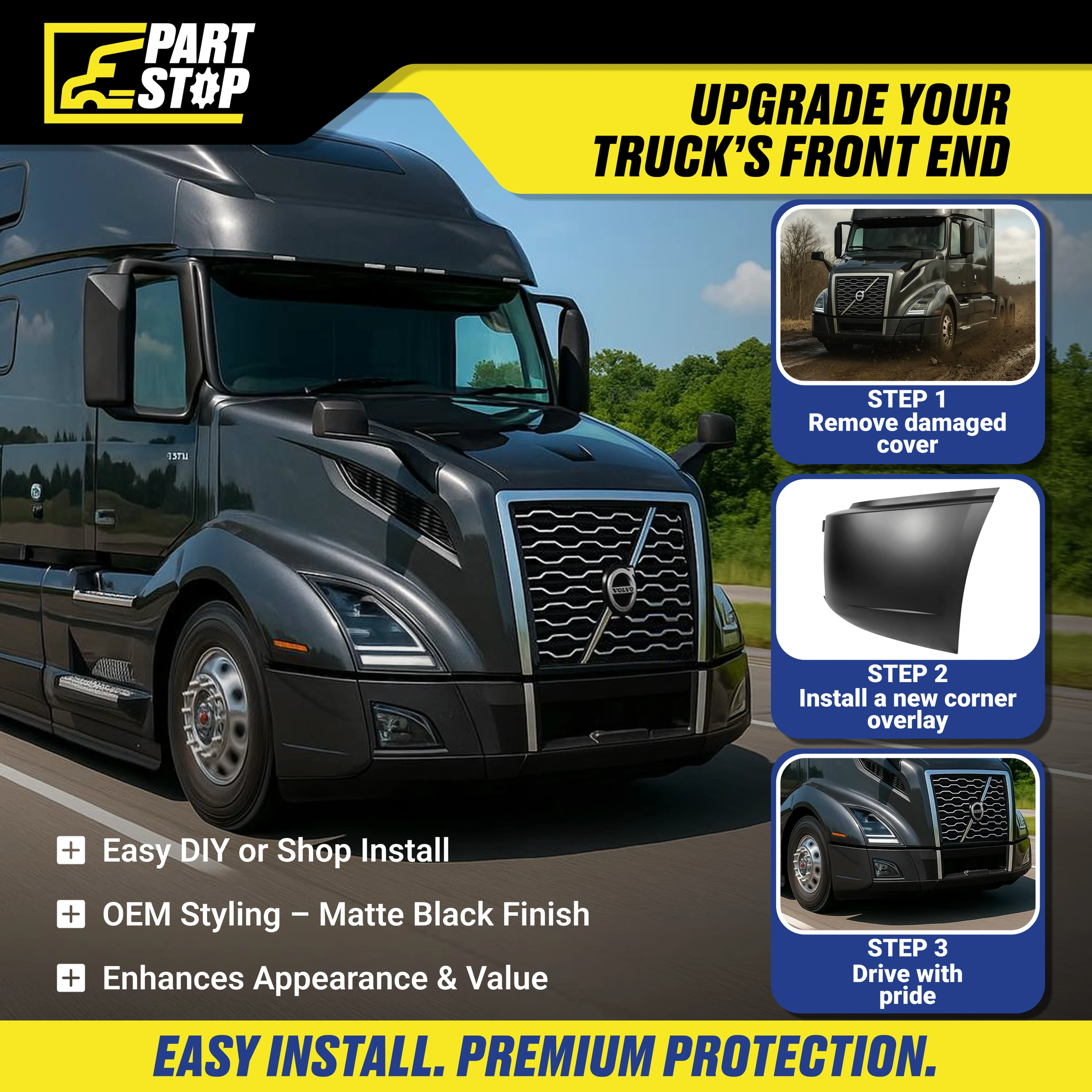 82750588 LH Corner Bumper Cover Fits Volvo VNL 2018-2024 — infographic