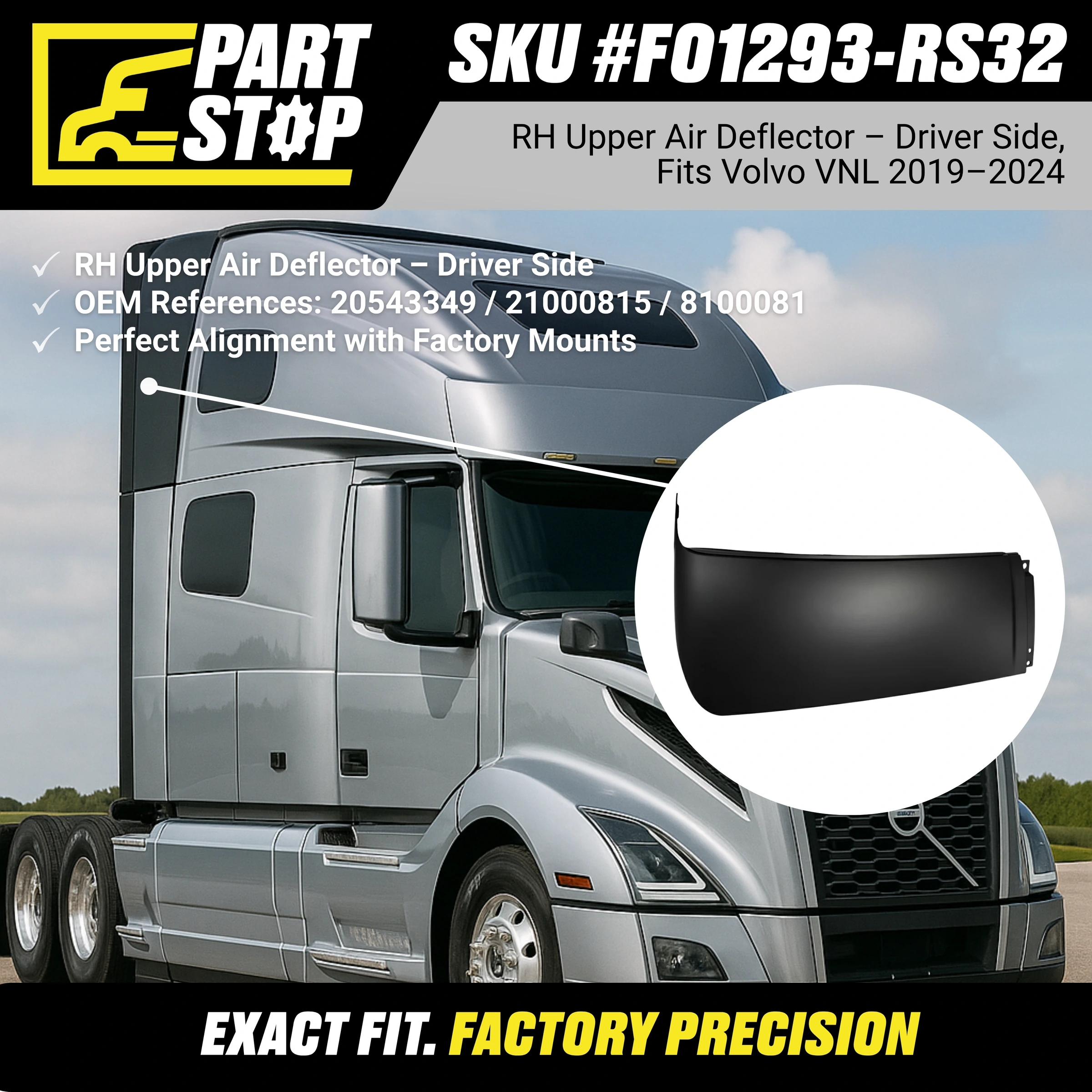 RH Upper Air Deflector Fits Volvo VNL 2019-2024 20543350 — infographic