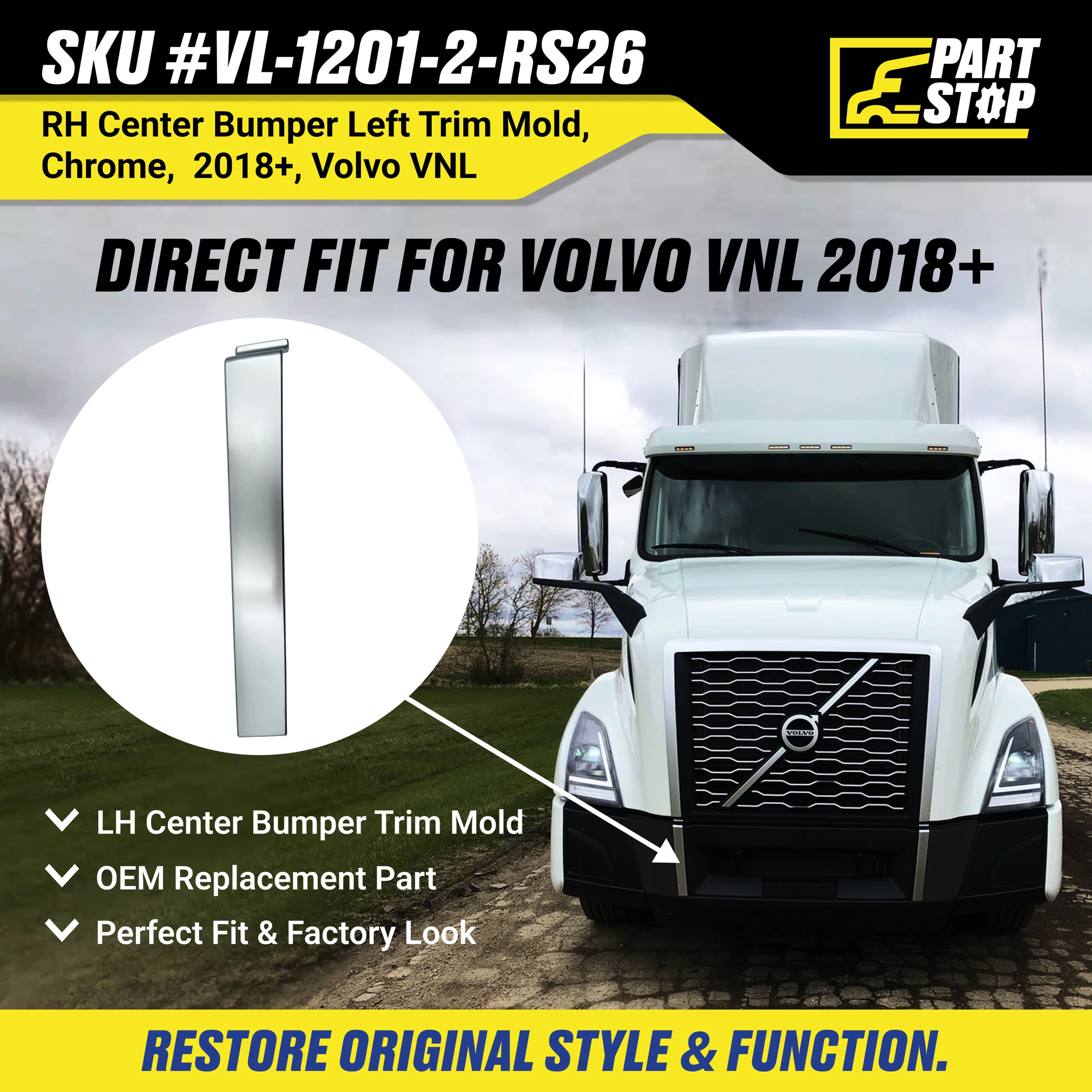 82758382  RH Center Bumper Trim Fits Volvo VNL 2018-2024 Aftermarket 82758380 — infographic