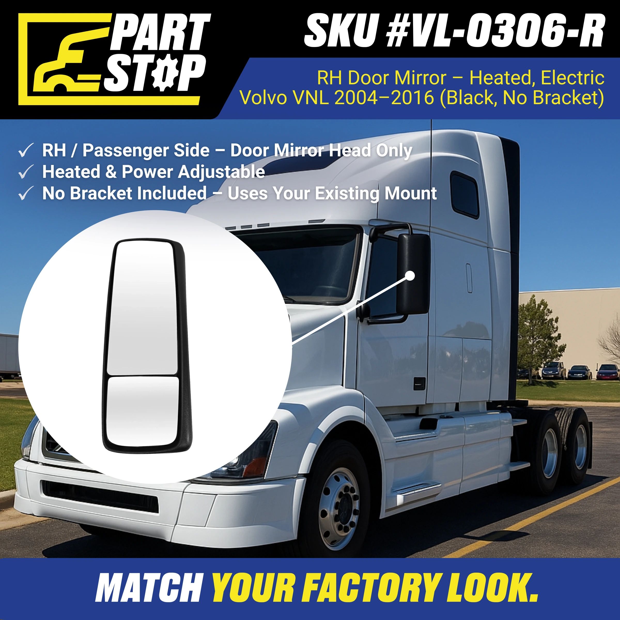 RH Door Mirror Heated Electric Fits Volvo VNL 2004-2012 82239804 — infographic