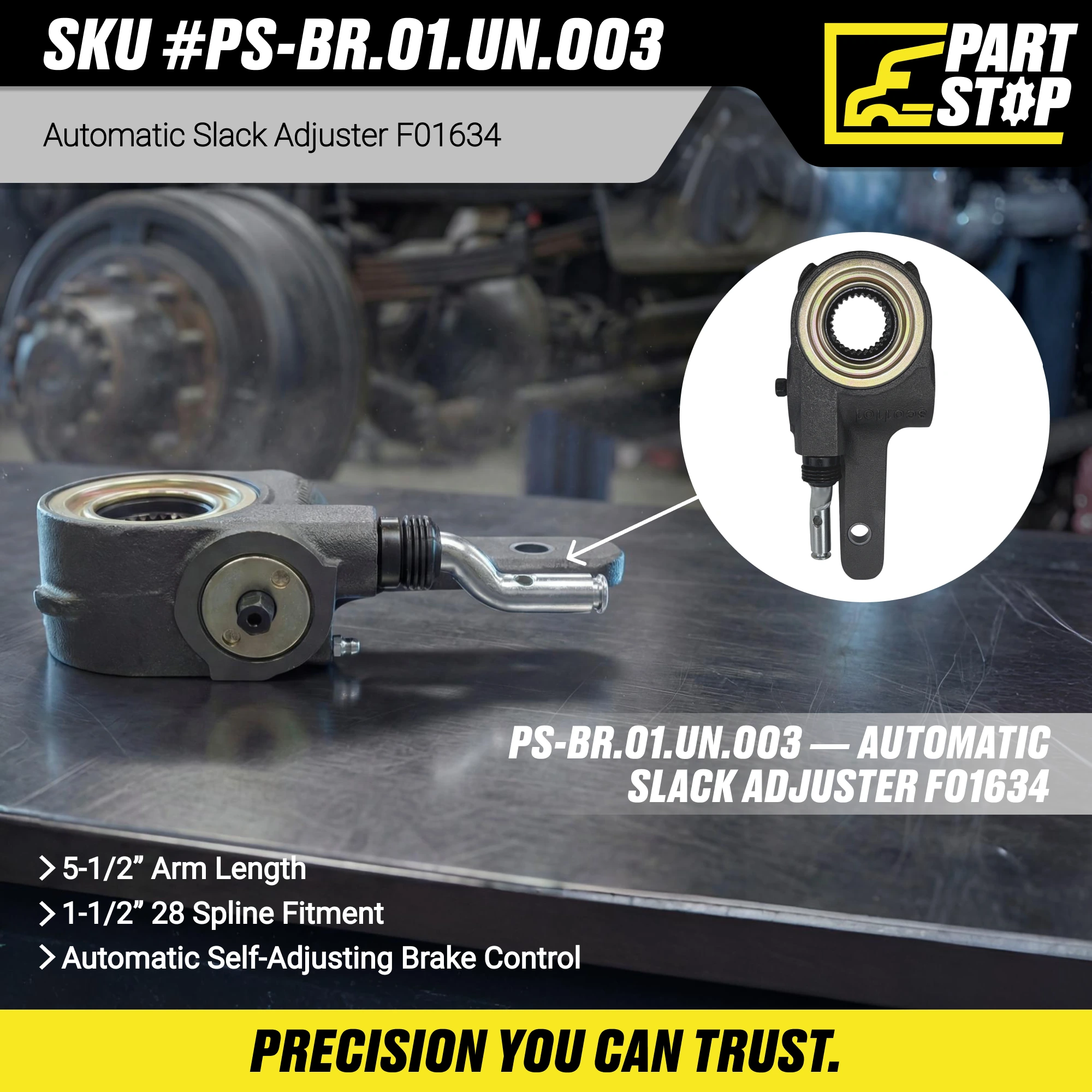 R801075 Automatic Slack Adjuster 1-1/2" 28 Spline, 5-1/2" Arm Universal AS1172 — infographic