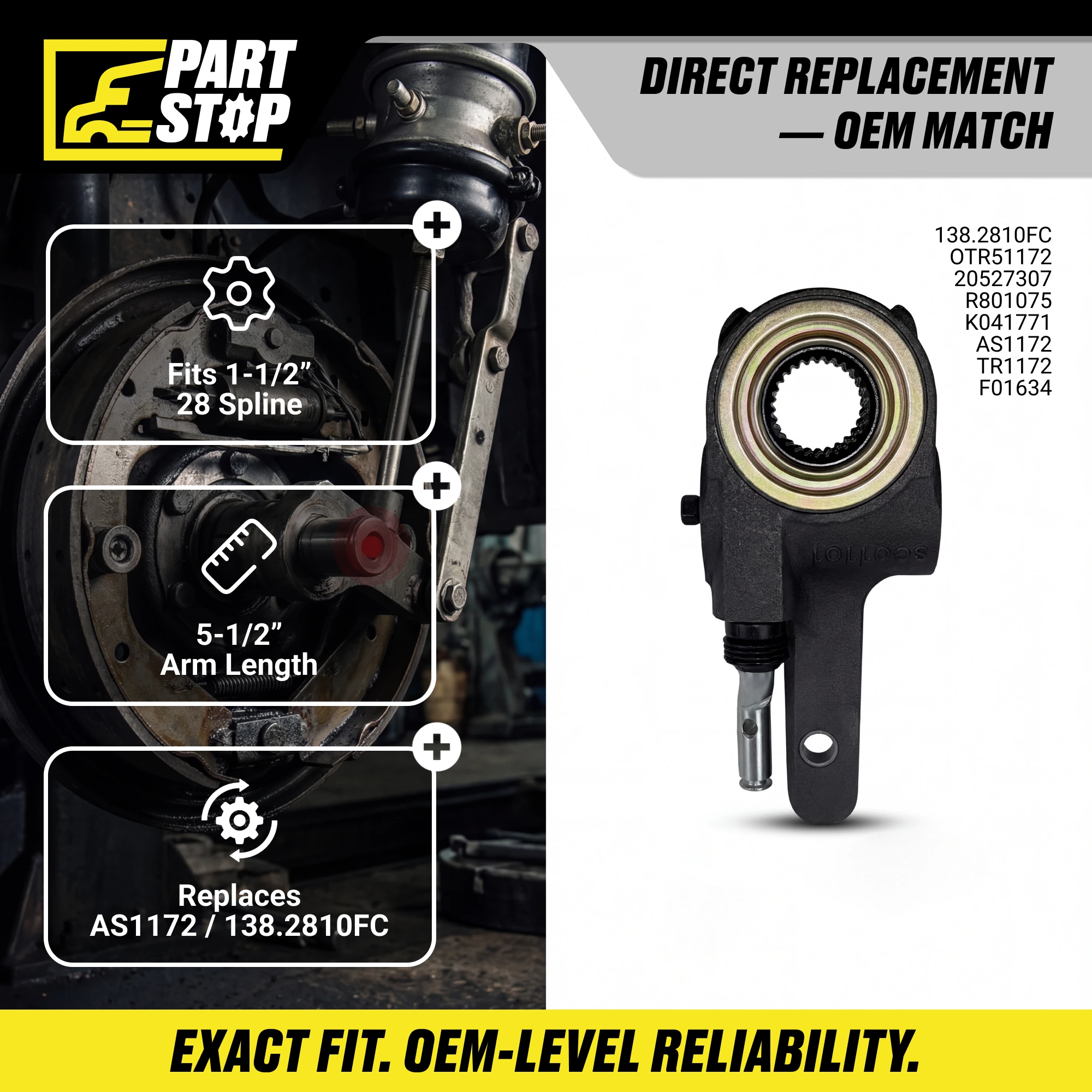 R801075 Automatic Slack Adjuster 1-1/2" 28 Spline, 5-1/2" Arm Universal AS1172 — infographic