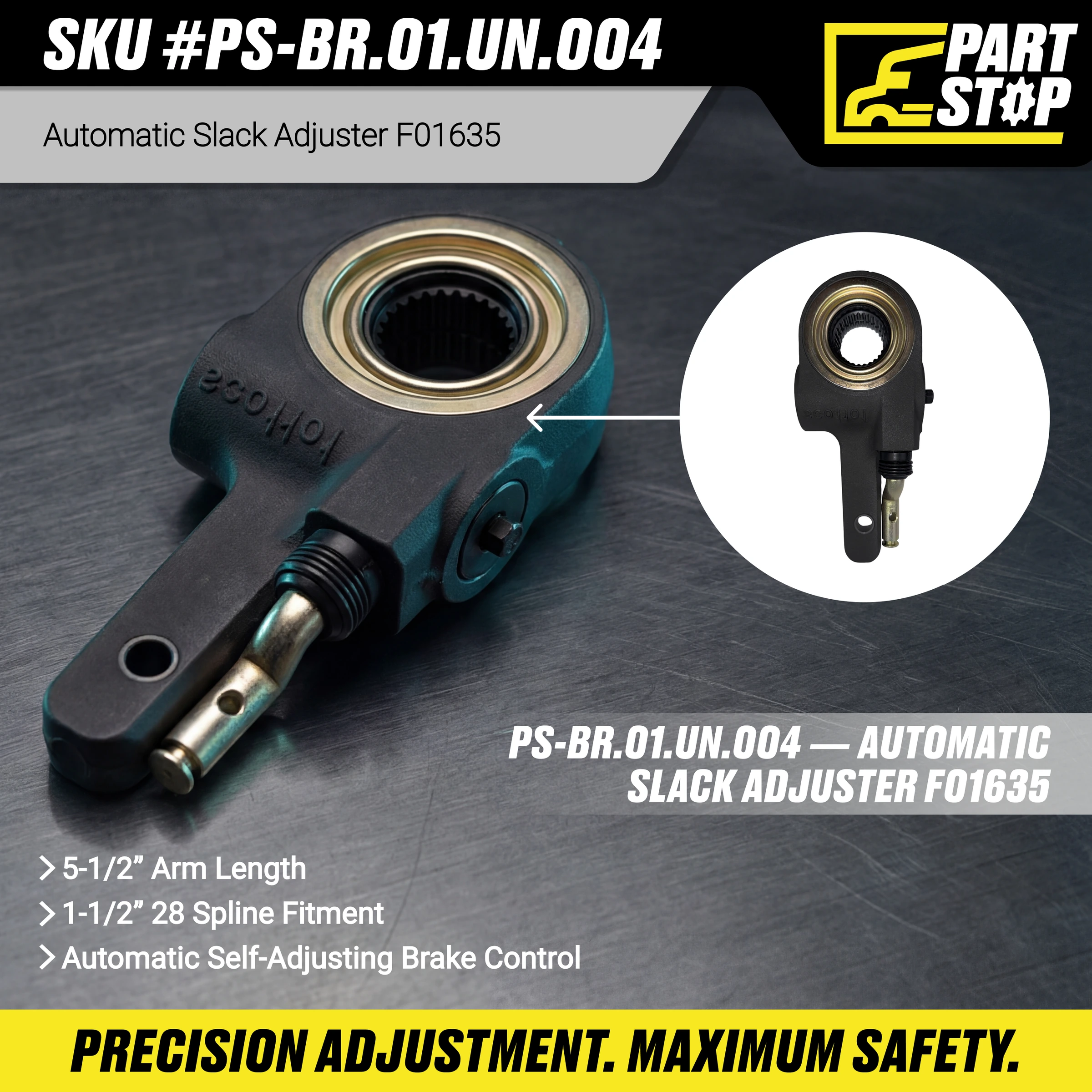 Automatic Brake Slack Adjuster 1-1/2” 28 Spline, 5-1/2” Arm 40020227 , R801076 — infographic