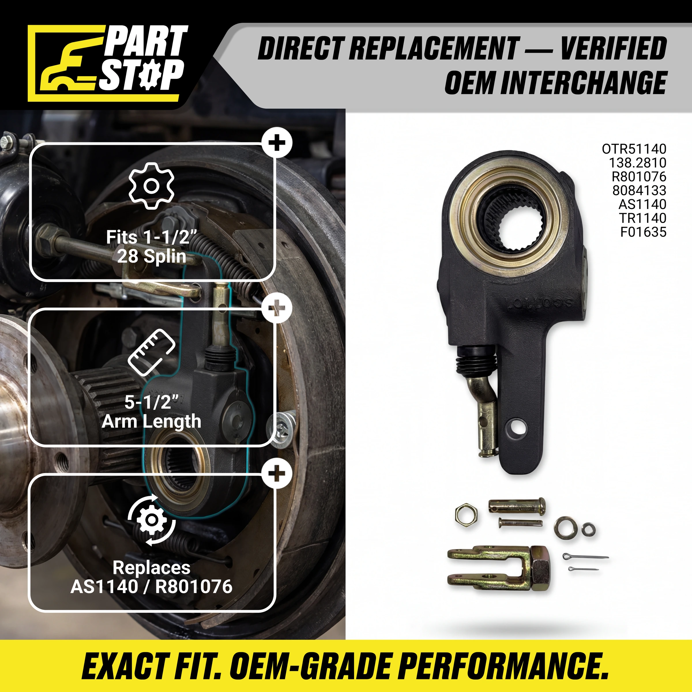 Automatic Brake Slack Adjuster 1-1/2” 28 Spline, 5-1/2” Arm 40020227 , R801076 — infographic