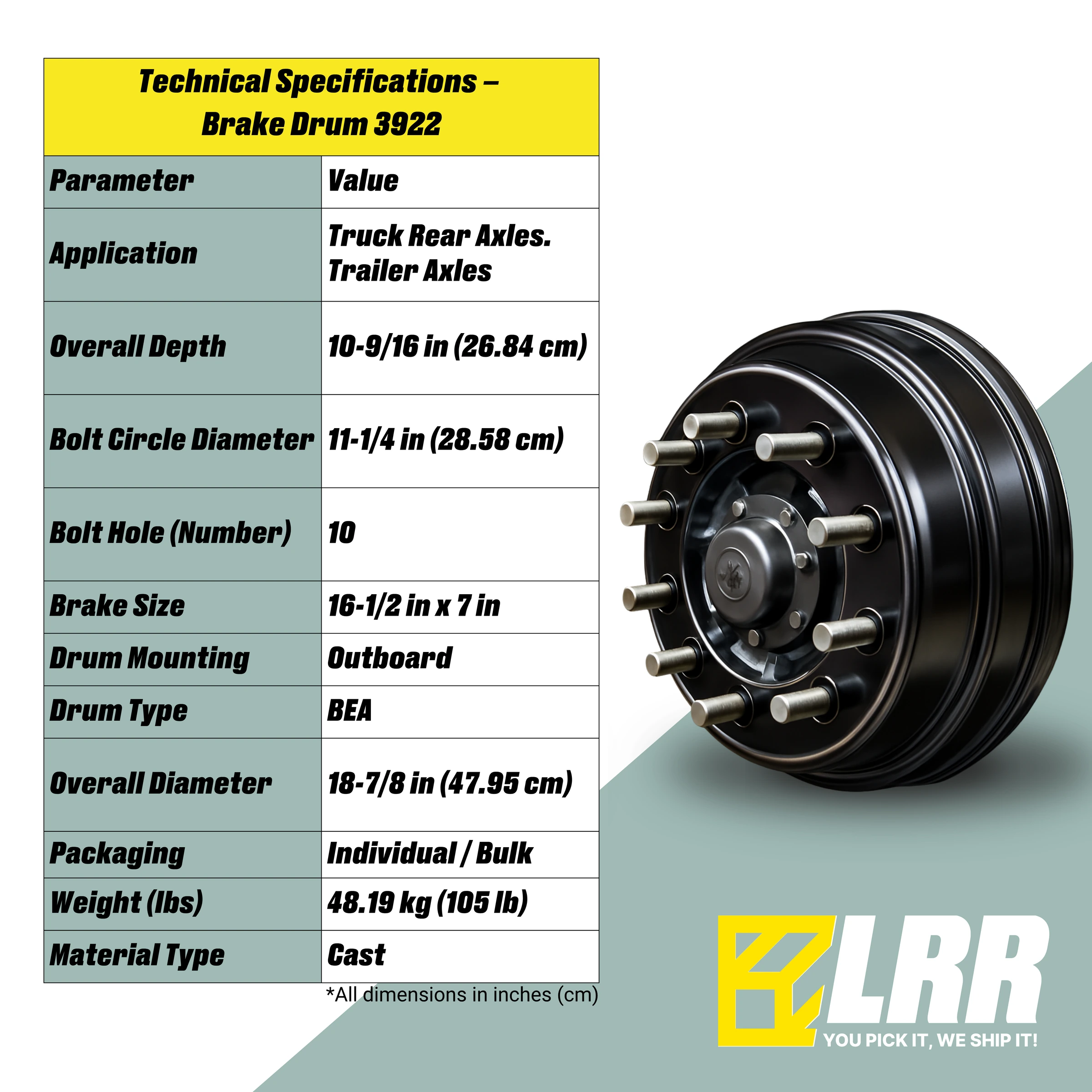 3922X 16.5" Brake Drum Heavy Duty , 3922X018 , 1516726BA, 85123207002, 89996B — infographic