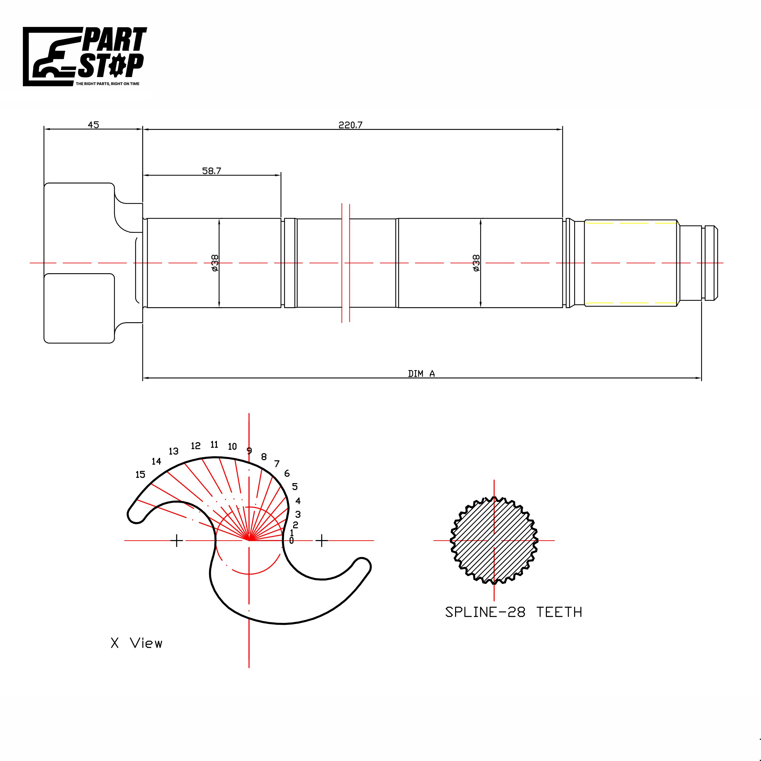 E11866 RH Air Brake S-Camshaft 28.19" Trailer 10 Spline Meritor — photo 1