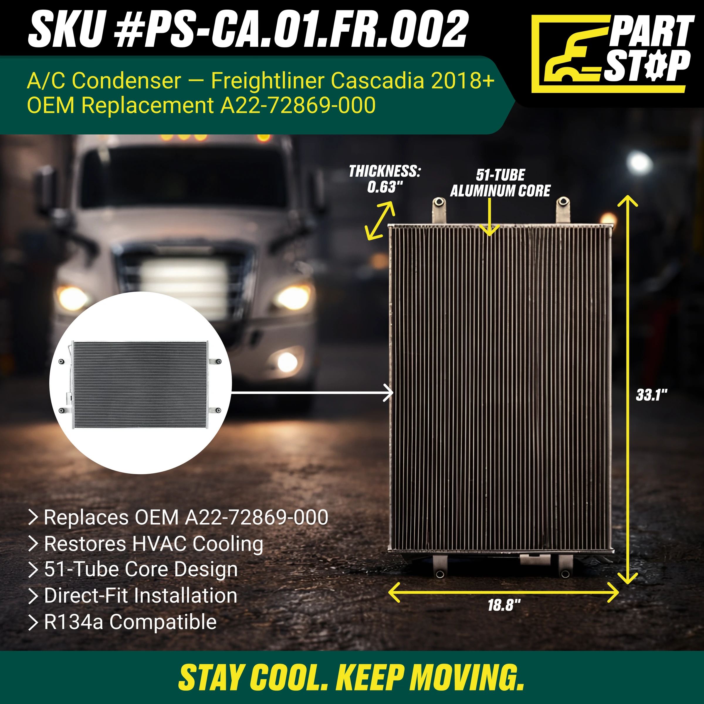 A/C Condenser Fits Freightliner Cascadia 2018-2023 A22-72869-000 — infographic