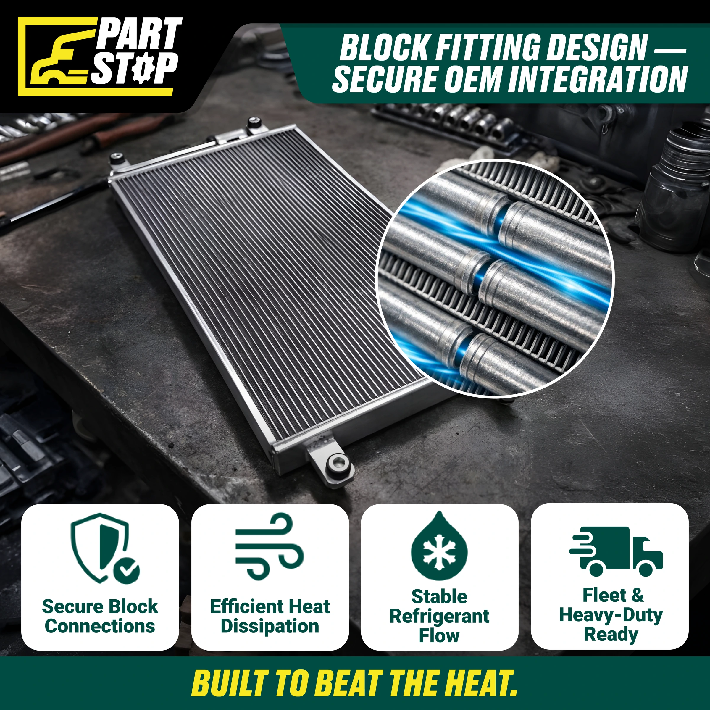 A22-72870-000 A/C Condenser for Freightliner Cascadia Fits 2018+ A2272870000 — infographic