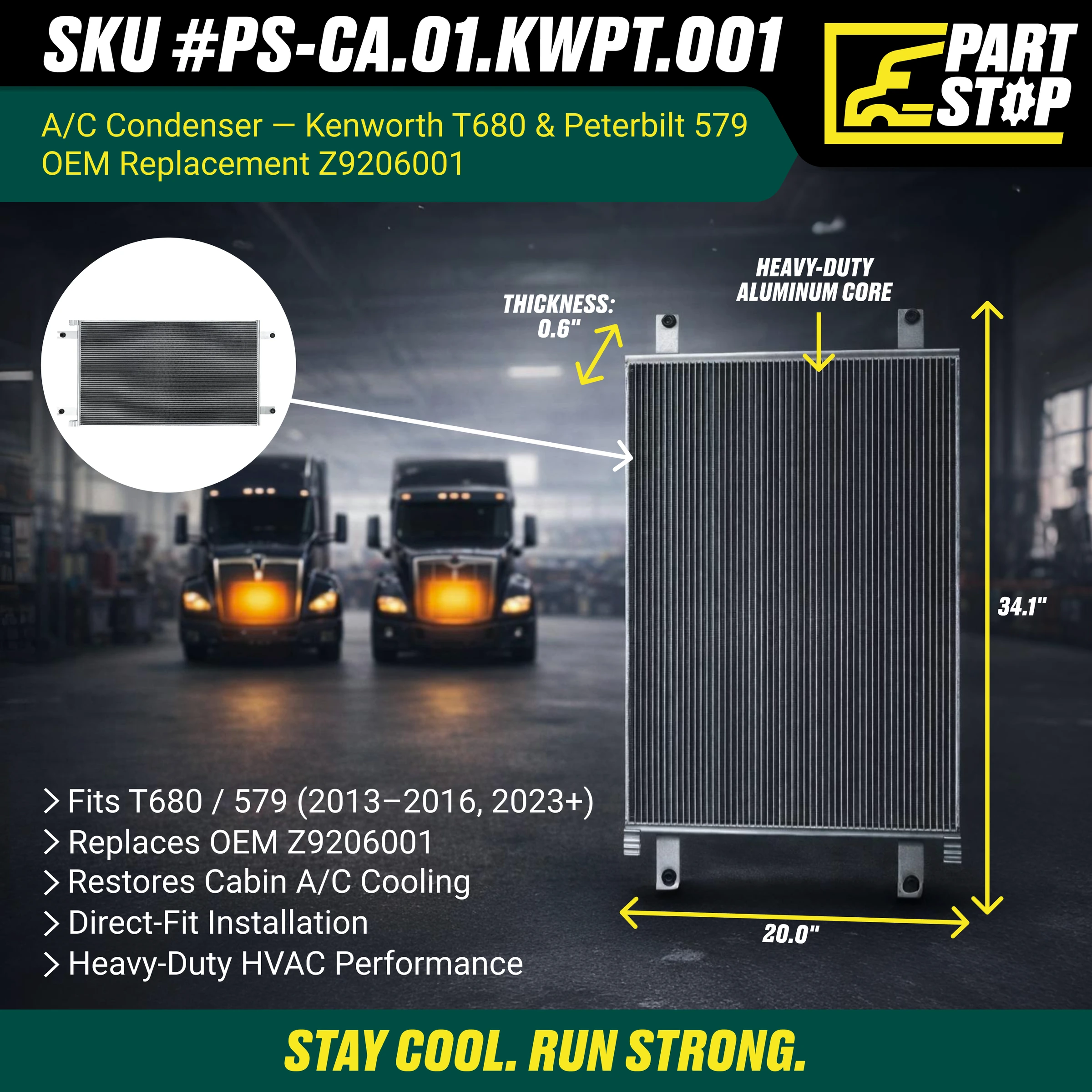 A/C Condenser Fits Kenworth T680 Peterbilt 579 567 2013-2023 Z9206001 — infographic