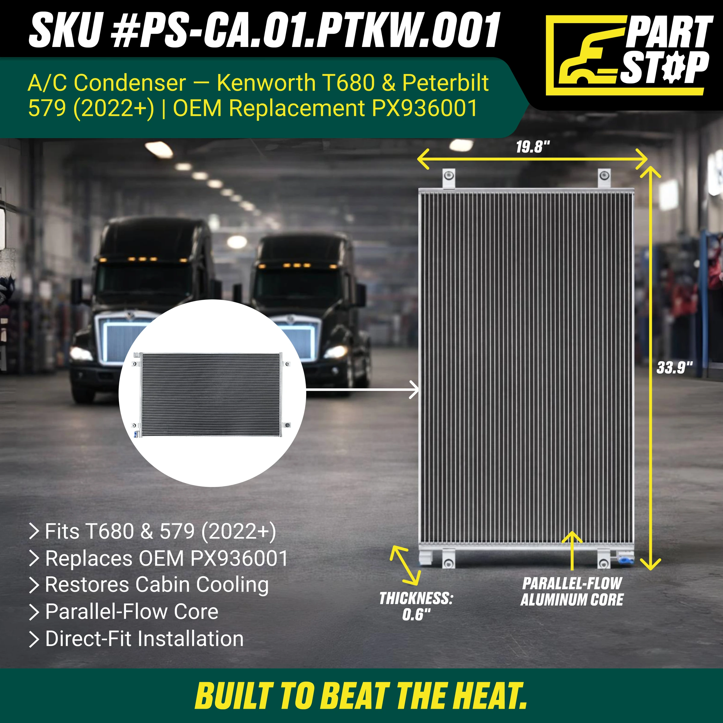 A/C Condenser Fits Peterbilt 579 Fits Kenworth T680 2022-2024 ,  PX936001 — infographic