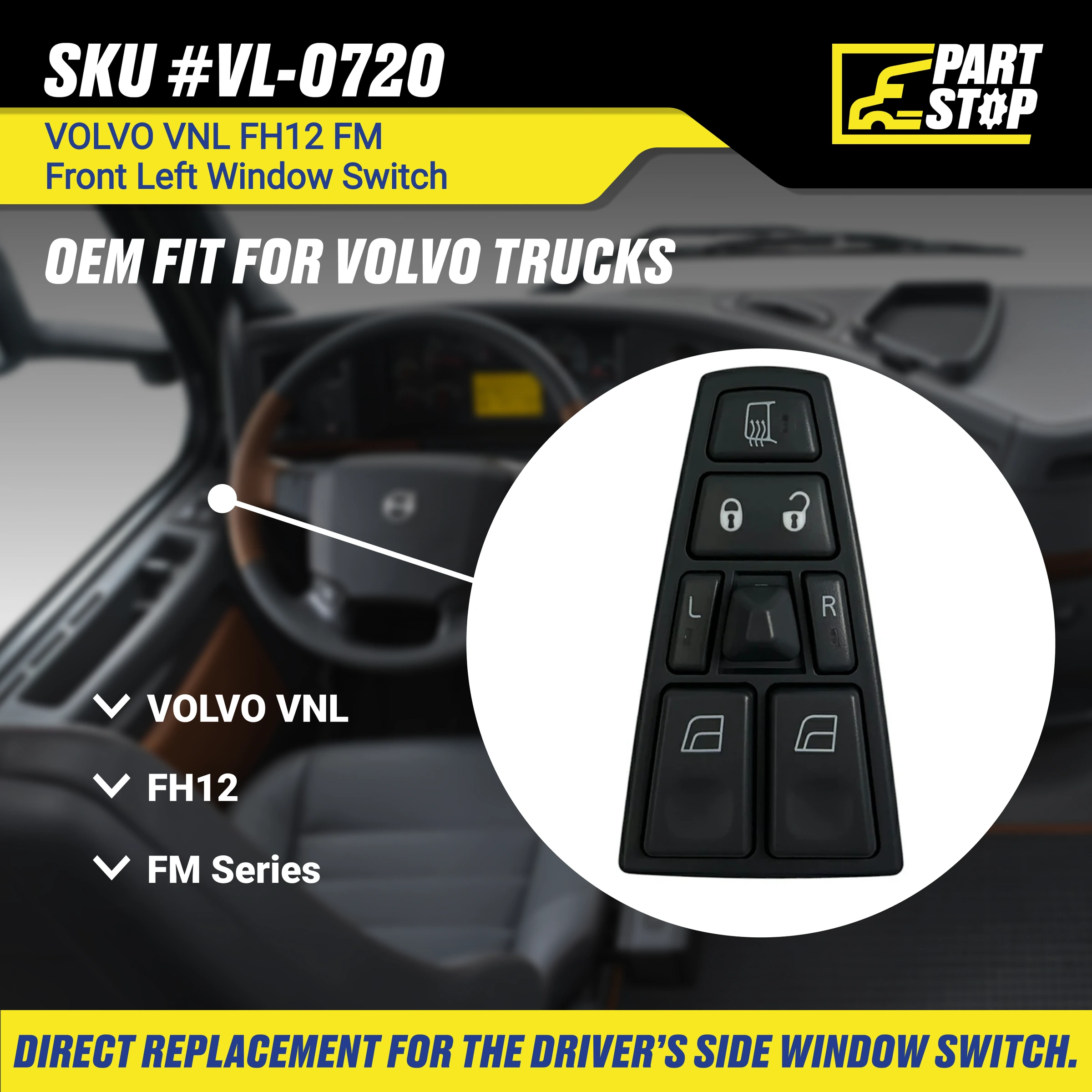 Window Control Switch Fits Volvo VNL  7-Way 21354601 — infographic