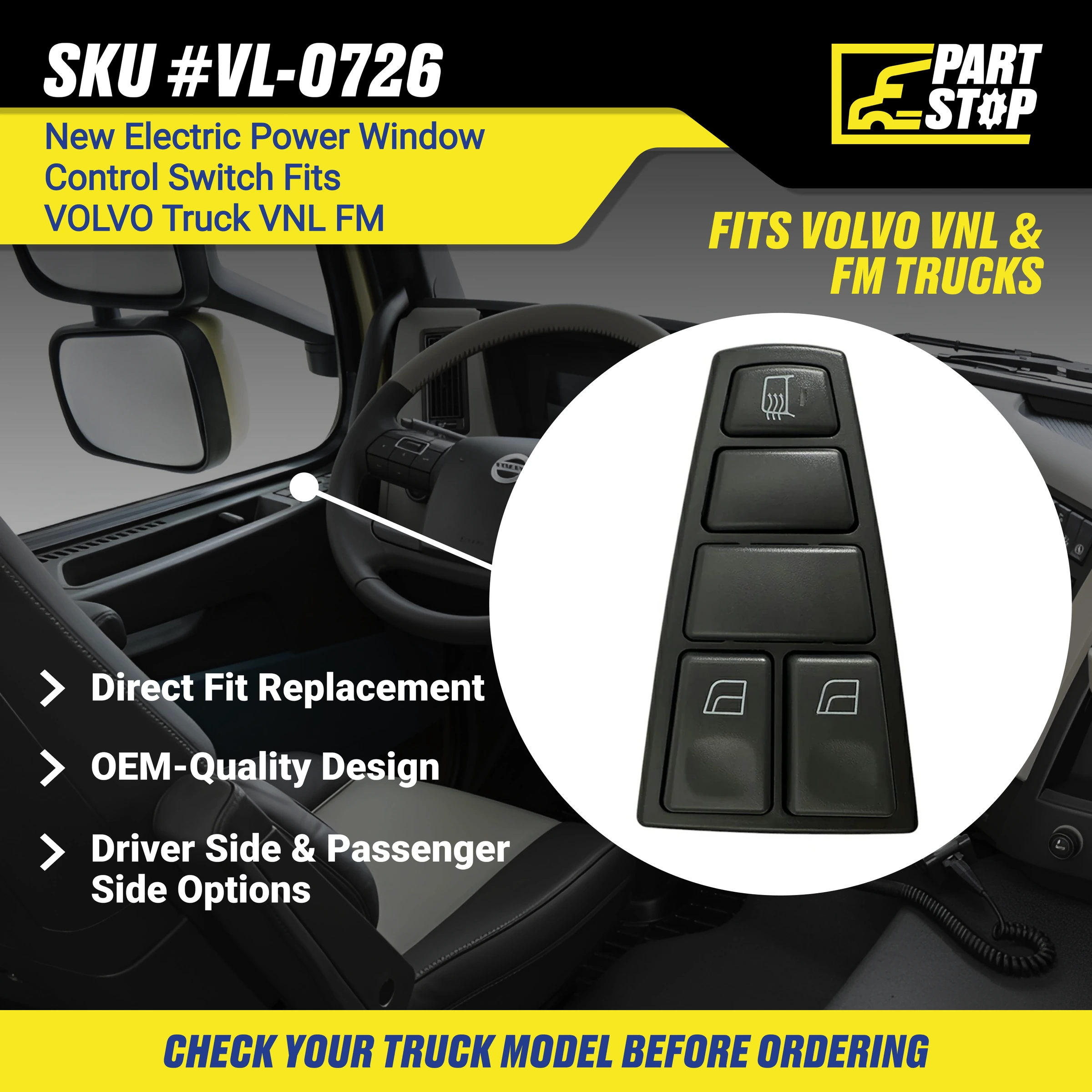 22566506  Power Window Switch Fits Volvo VNL FM Truck 20752914 — infographic