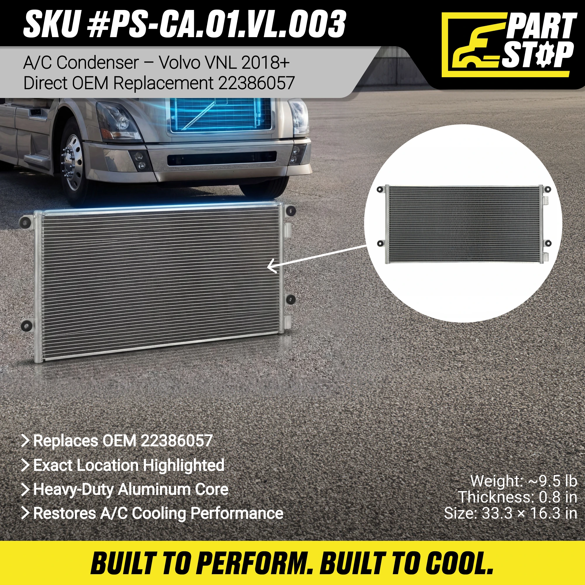 22386057 A/C Condenser Fits Volvo VNL 2018-2023 Aftermarket — infographic