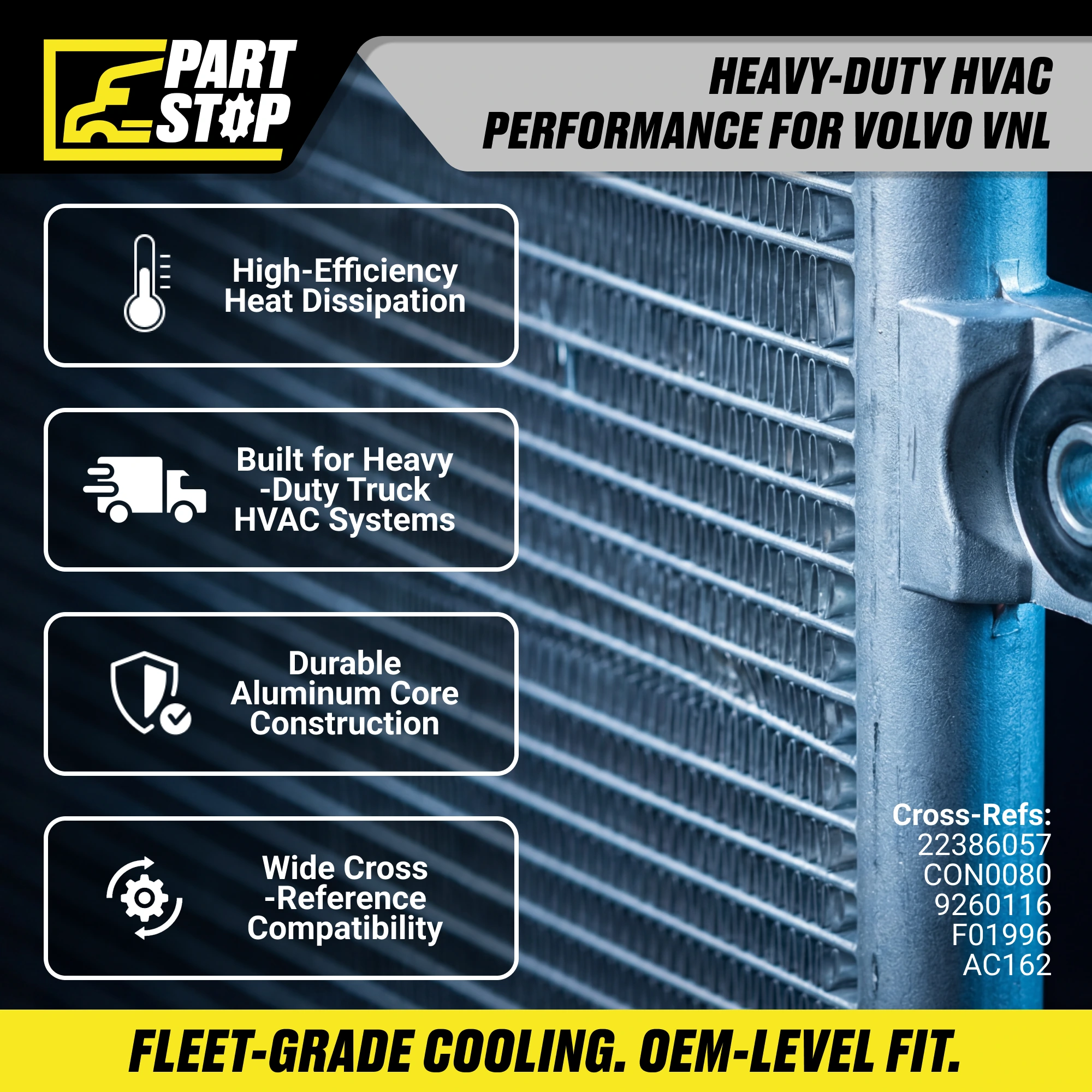22386057 A/C Condenser Fits Volvo VNL 2018-2023 Aftermarket — infographic