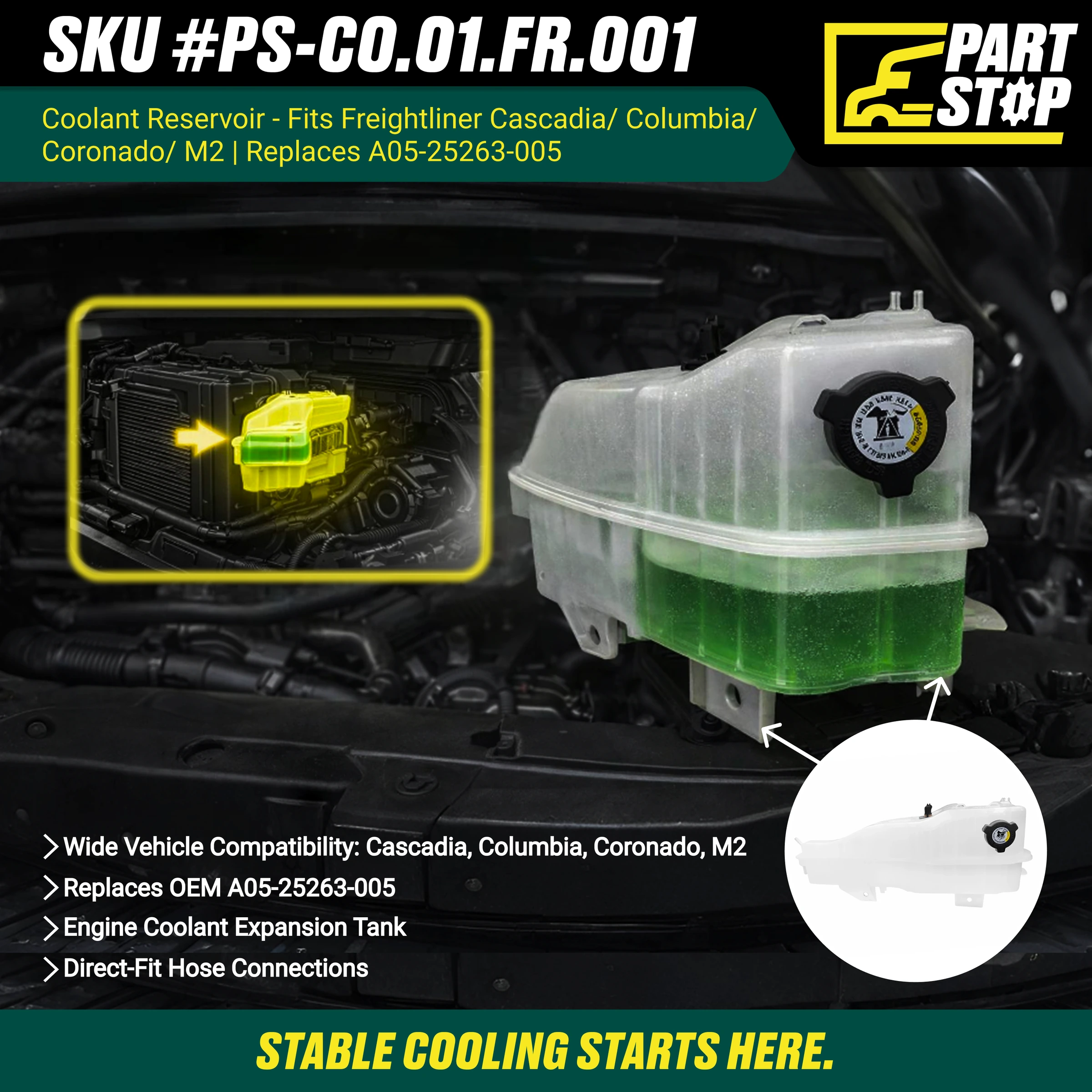 Coolant Reservoir Fits Freightliner Cascadia M2 A0525263005 ,A05-25263-005 — infographic