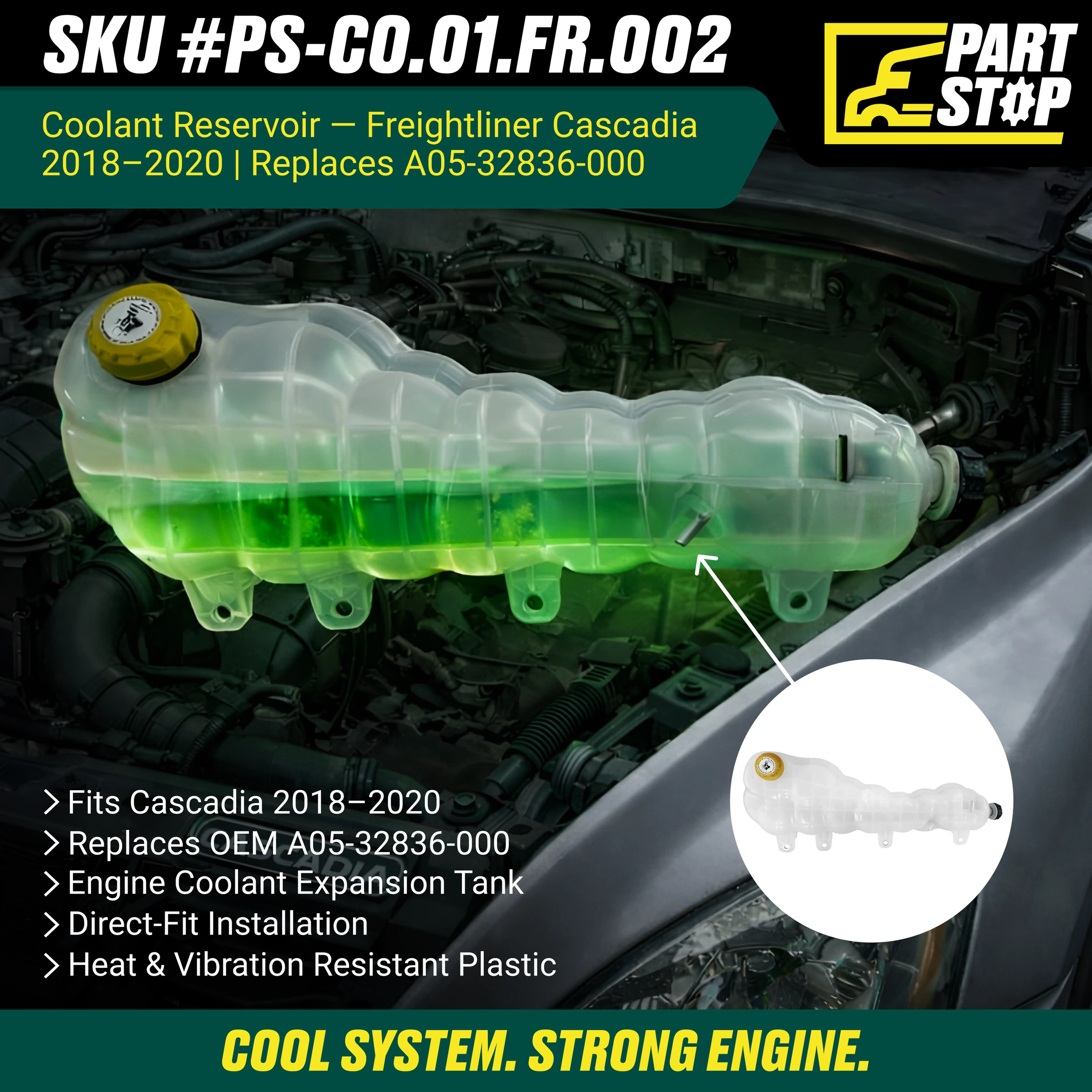 A0532836000 Coolant Reservoir Tank Fits Freightliner Cascadia 2018-2024 — infographic