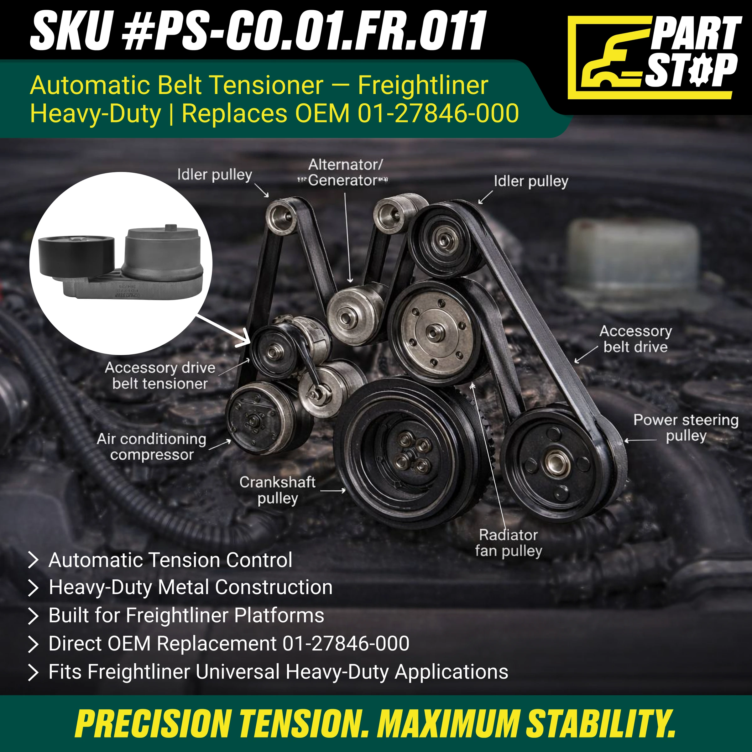 01-27846-000 Belt Tensioner Fits Freightliner M2 FLD112 Aftermarket 0127846000 — infographic