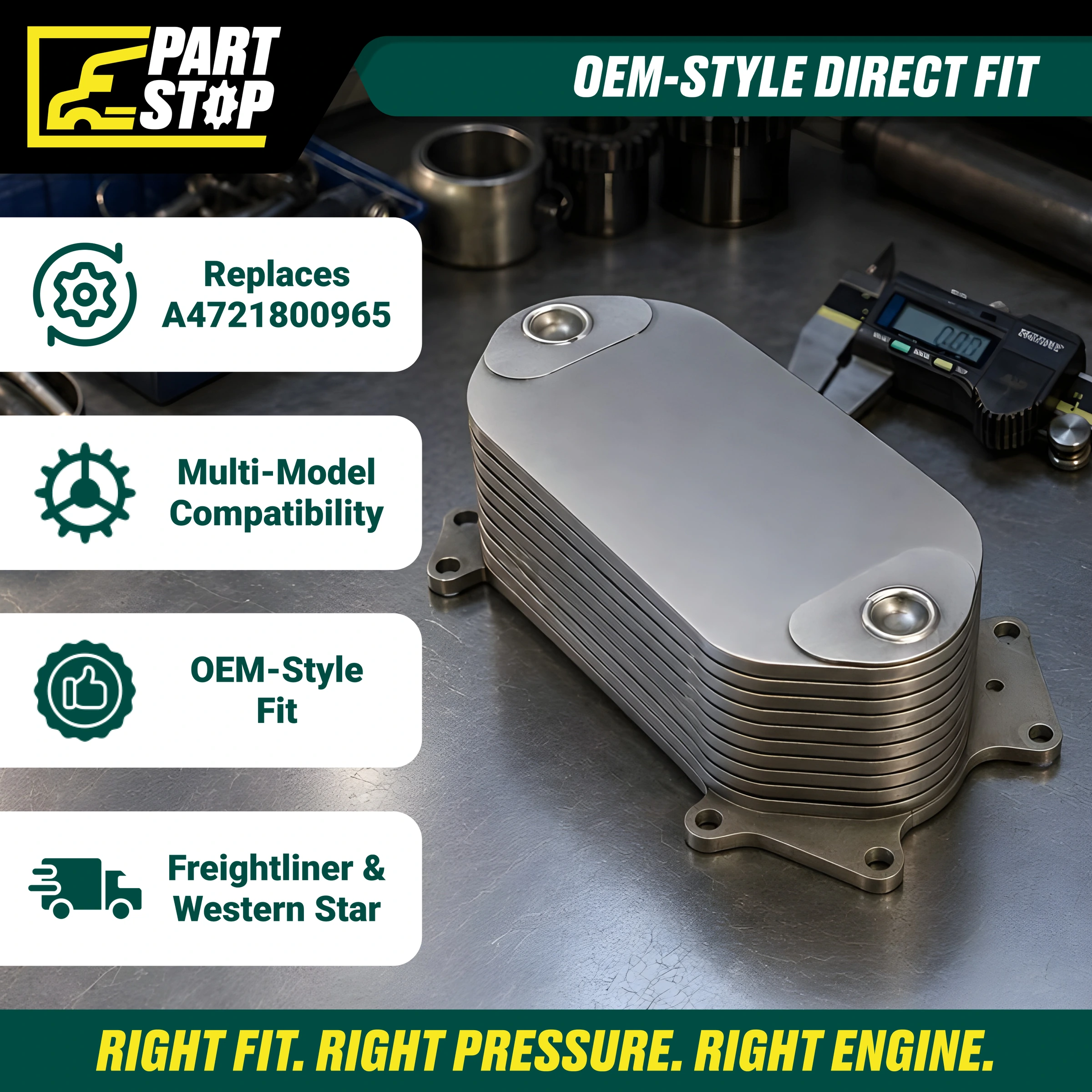 A4721800965 Oil Cooler Fits Freightliner Cascadia DD13 DD15 DD16 — infographic