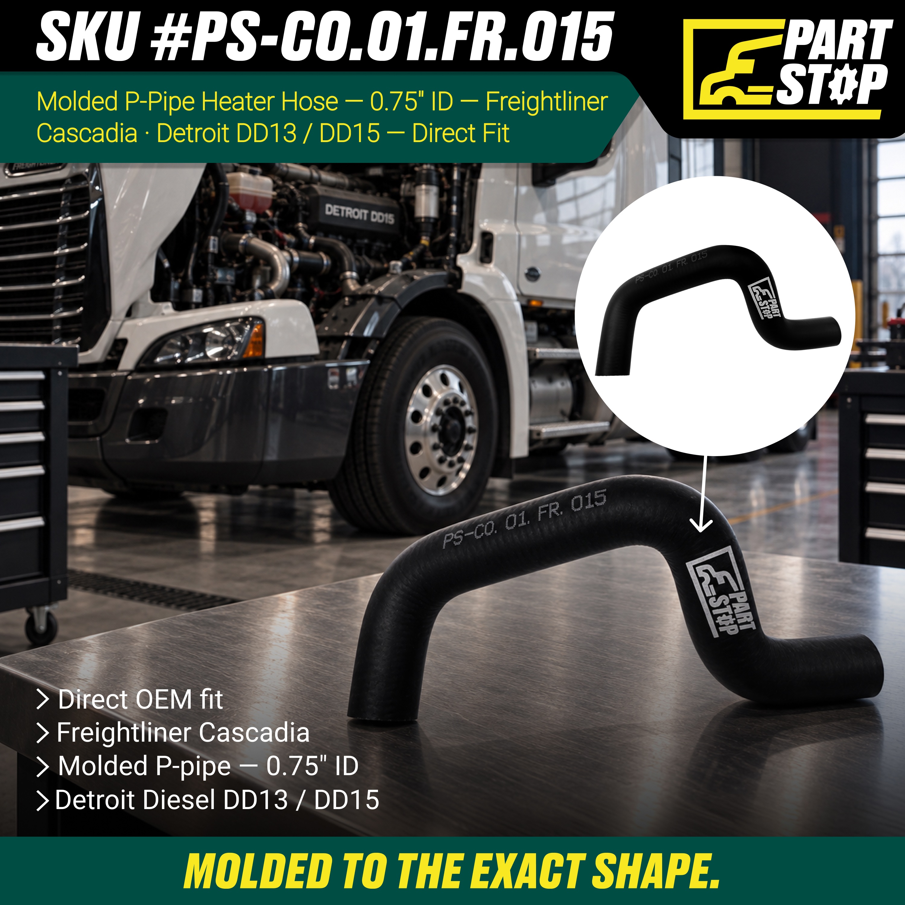 Molded P-Pipe Heater Hose - 0.75" ID - Fits Freightliner Cascadia & Detroit Diesel DD13/DD15 - Replaces 05-28189-000 , F02513S352 — infographic