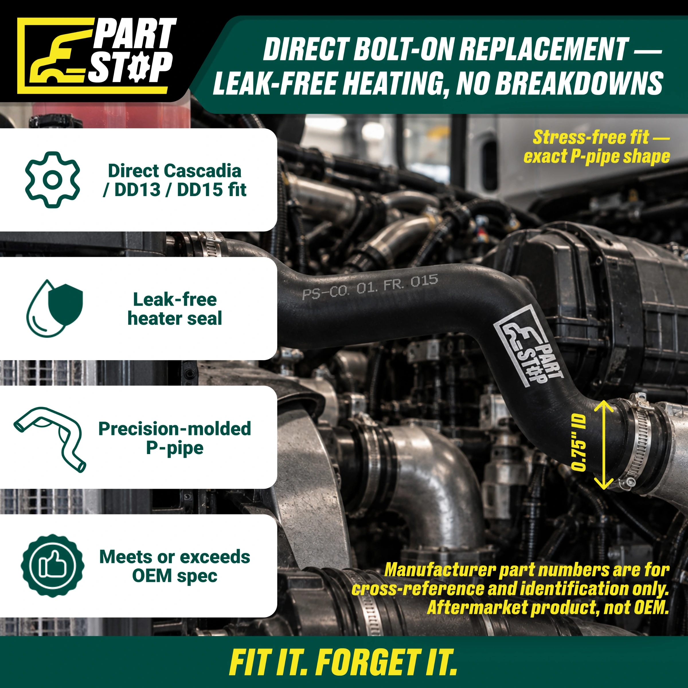 Molded P-Pipe Heater Hose - 0.75" ID - Fits Freightliner Cascadia & Detroit Diesel DD13/DD15 - Replaces 05-28189-000 , F02513S352 — infographic