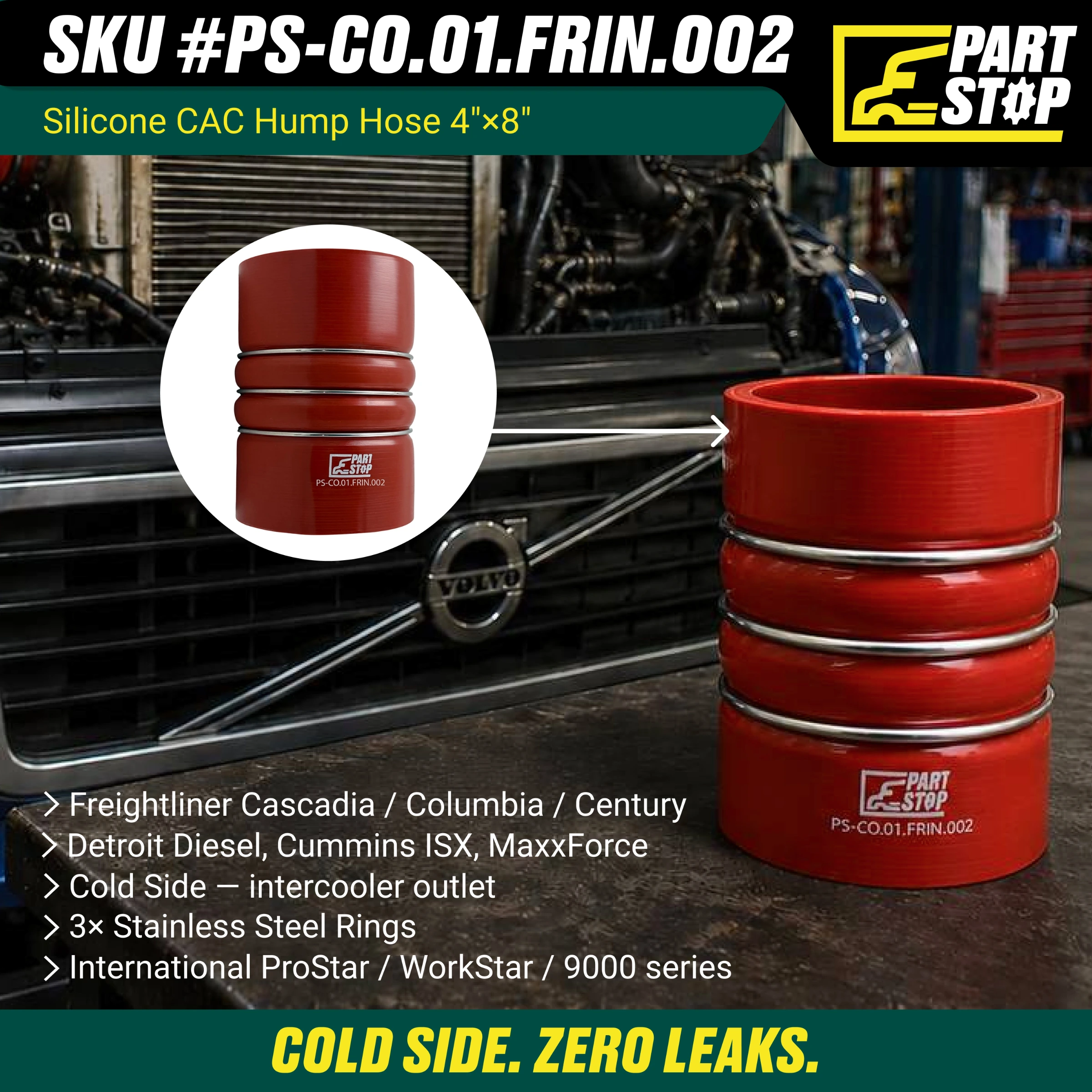 Silicone CAC Hump Hose - 4" ID x 8" Length with 3 Stainless Steel Rings - Fits Freightliner & International F01613S352 — infographic
