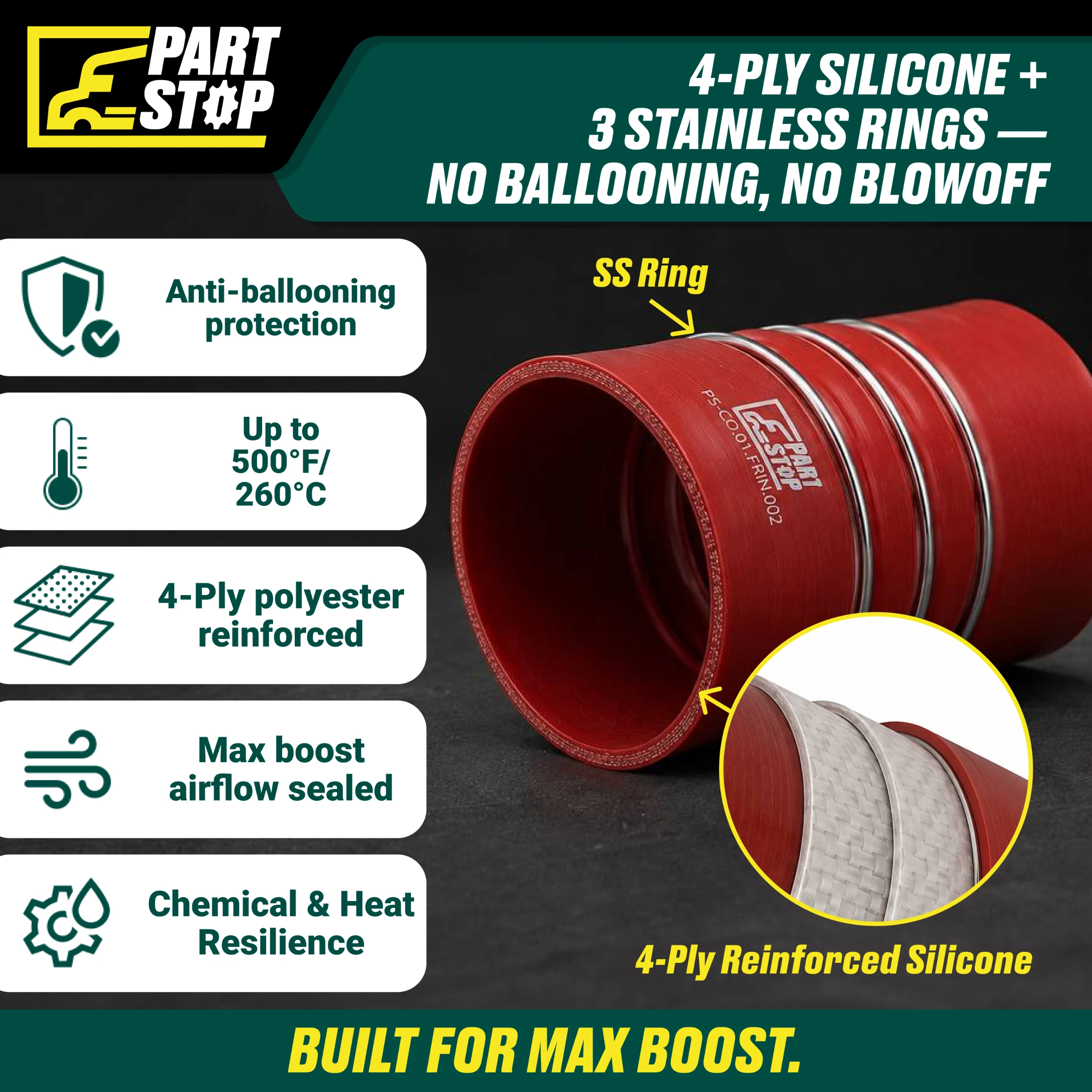 Silicone CAC Hump Hose - 4" ID x 8" Length with 3 Stainless Steel Rings - Fits Freightliner & International F01613S352 — infographic