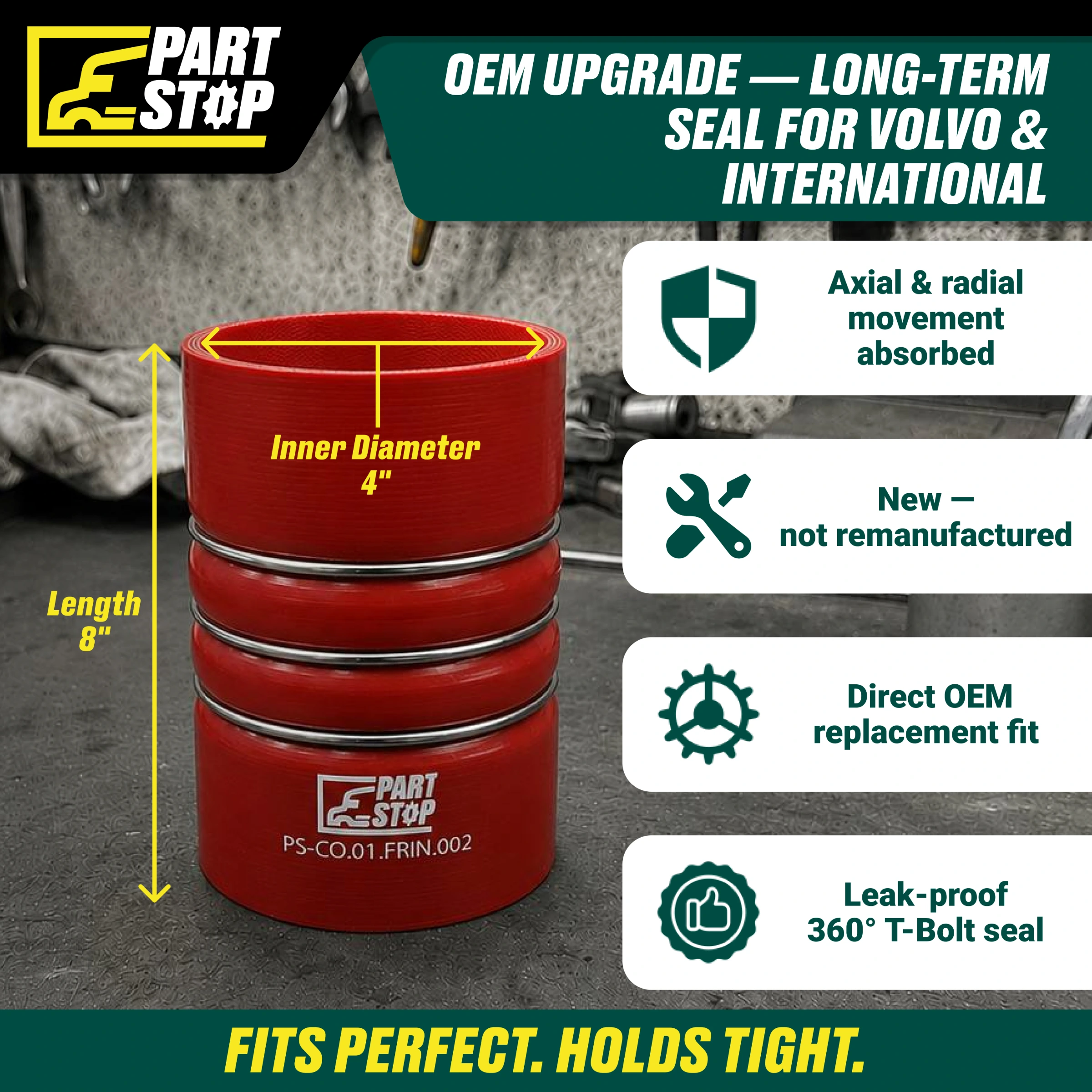 Silicone CAC Hump Hose - 4" ID x 8" Length with 3 Stainless Steel Rings - Fits Freightliner & International F01613S352 — infographic