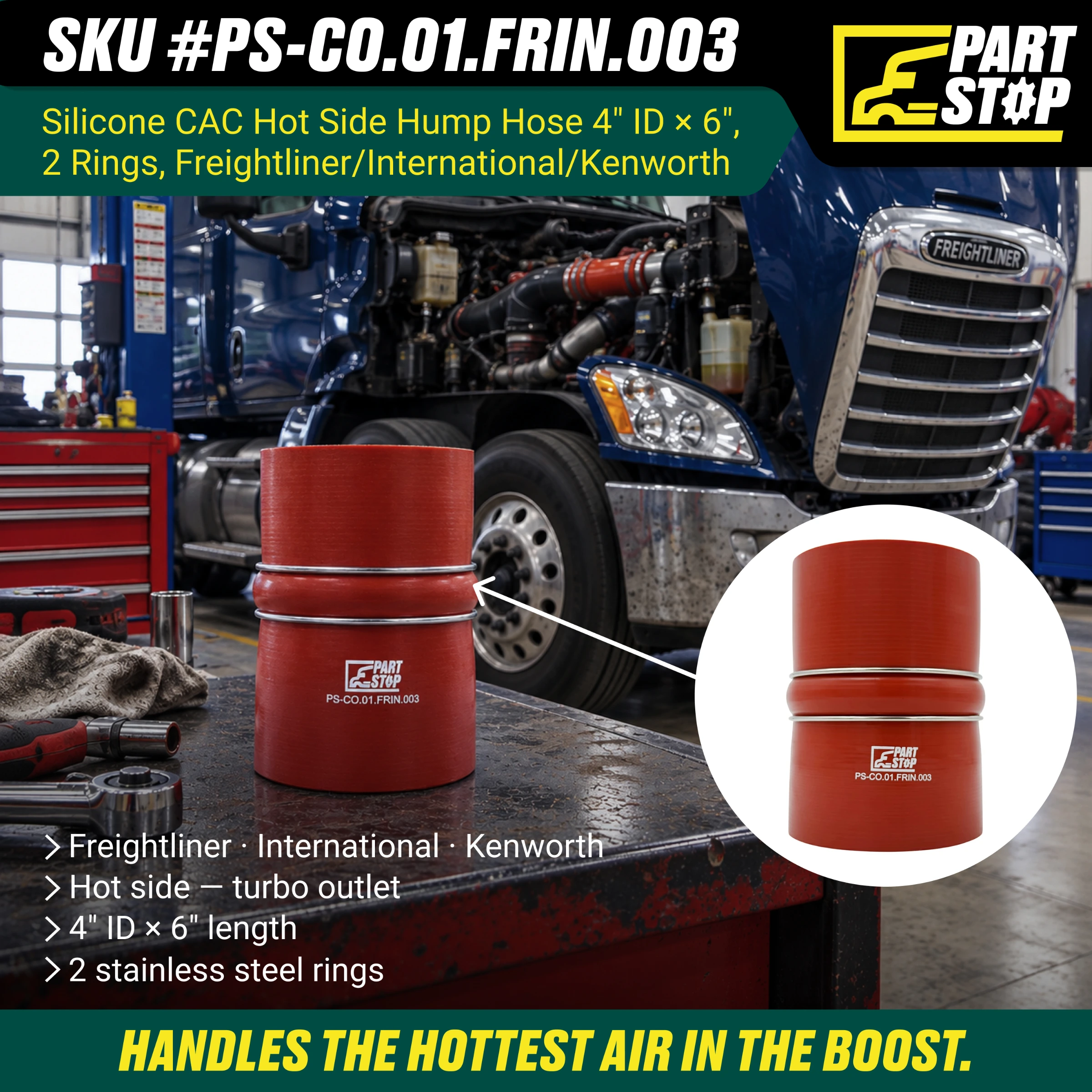 Silicone CAC Hump Hose - 4" ID x 6" Length with 2 Stainless Steel Rings - High-Temp Hot Side for Freightliner, International & Kenworth F02485S352 D10298699 — infographic