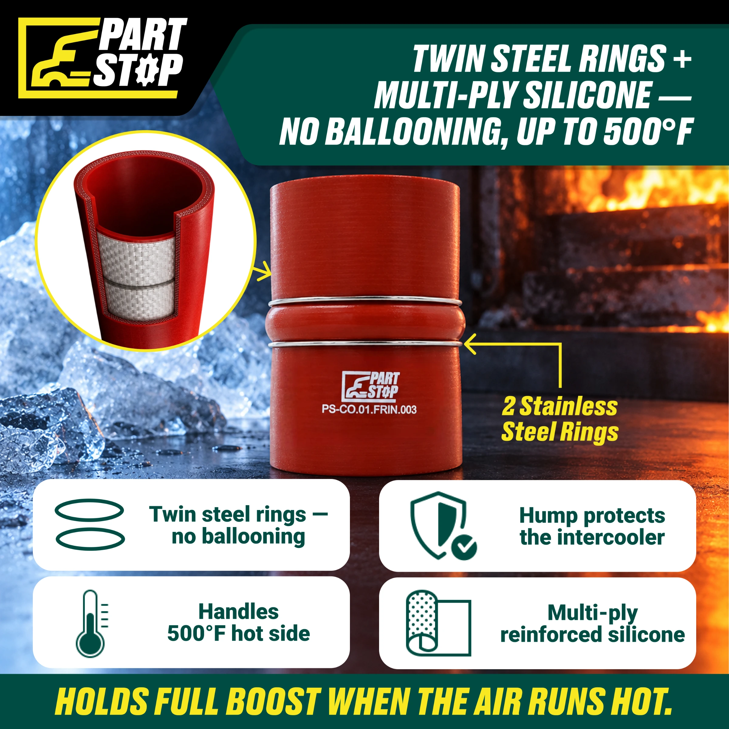 Silicone CAC Hump Hose - 4" ID x 6" Length with 2 Stainless Steel Rings - High-Temp Hot Side for Freightliner, International & Kenworth F02485S352 D10298699 — infographic
