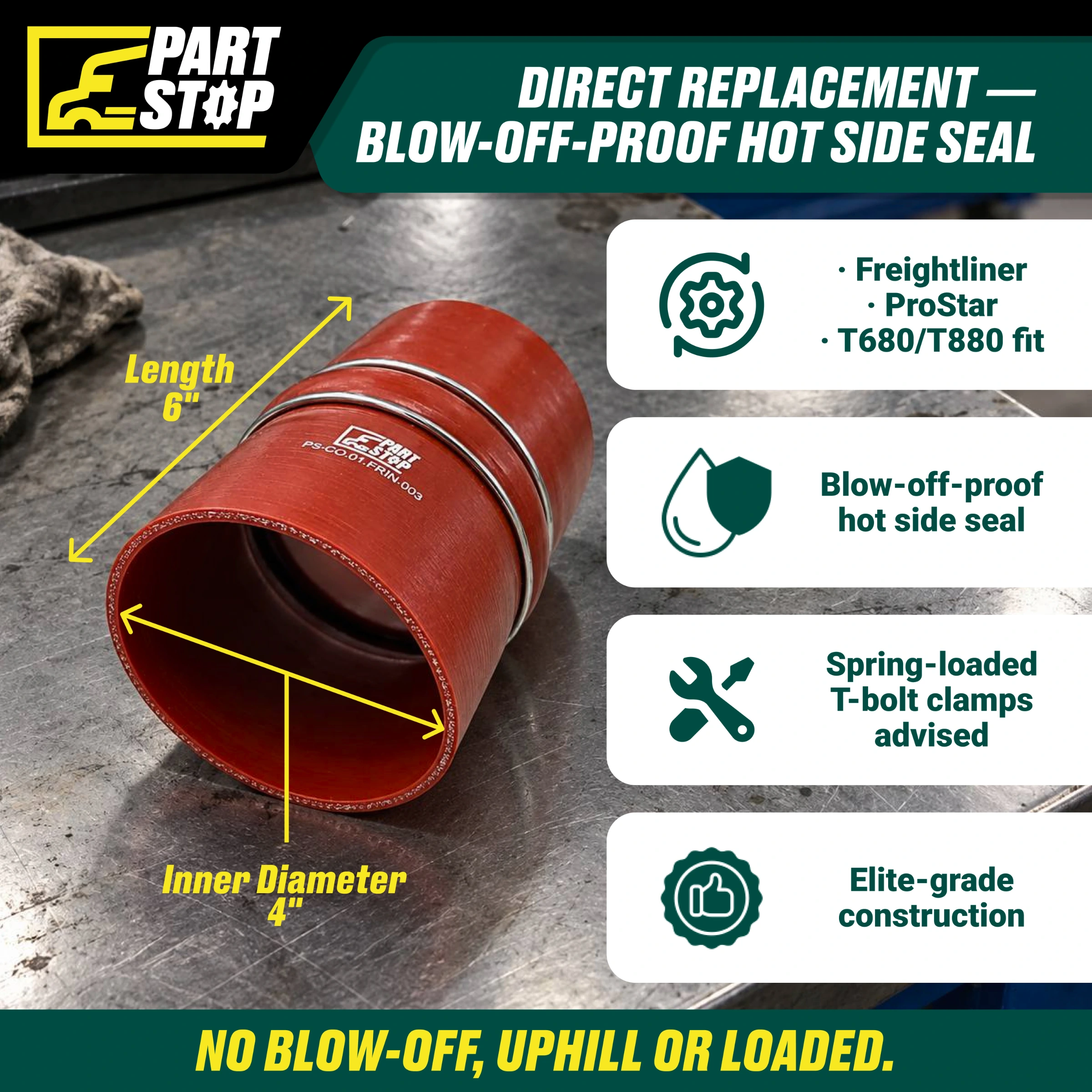 Silicone CAC Hump Hose - 4" ID x 6" Length with 2 Stainless Steel Rings - High-Temp Hot Side for Freightliner, International & Kenworth F02485S352 D10298699 — infographic